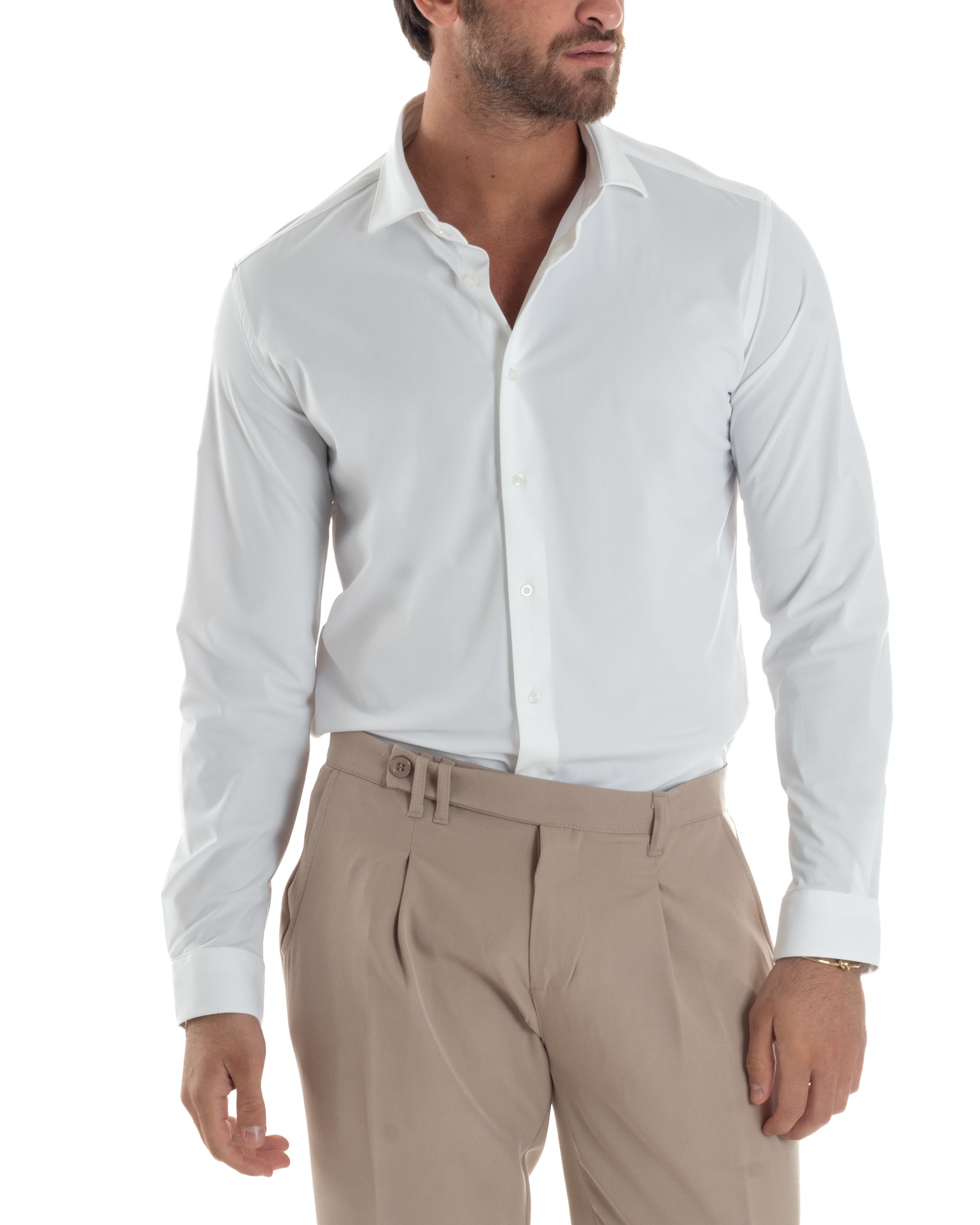 Camicia Uomo Tessuto No Stiro Basic Colletto Semi-Francese Slim Fit Casual Morbida Leggera Tinta Unita Bianco GIOSAL-C2962A