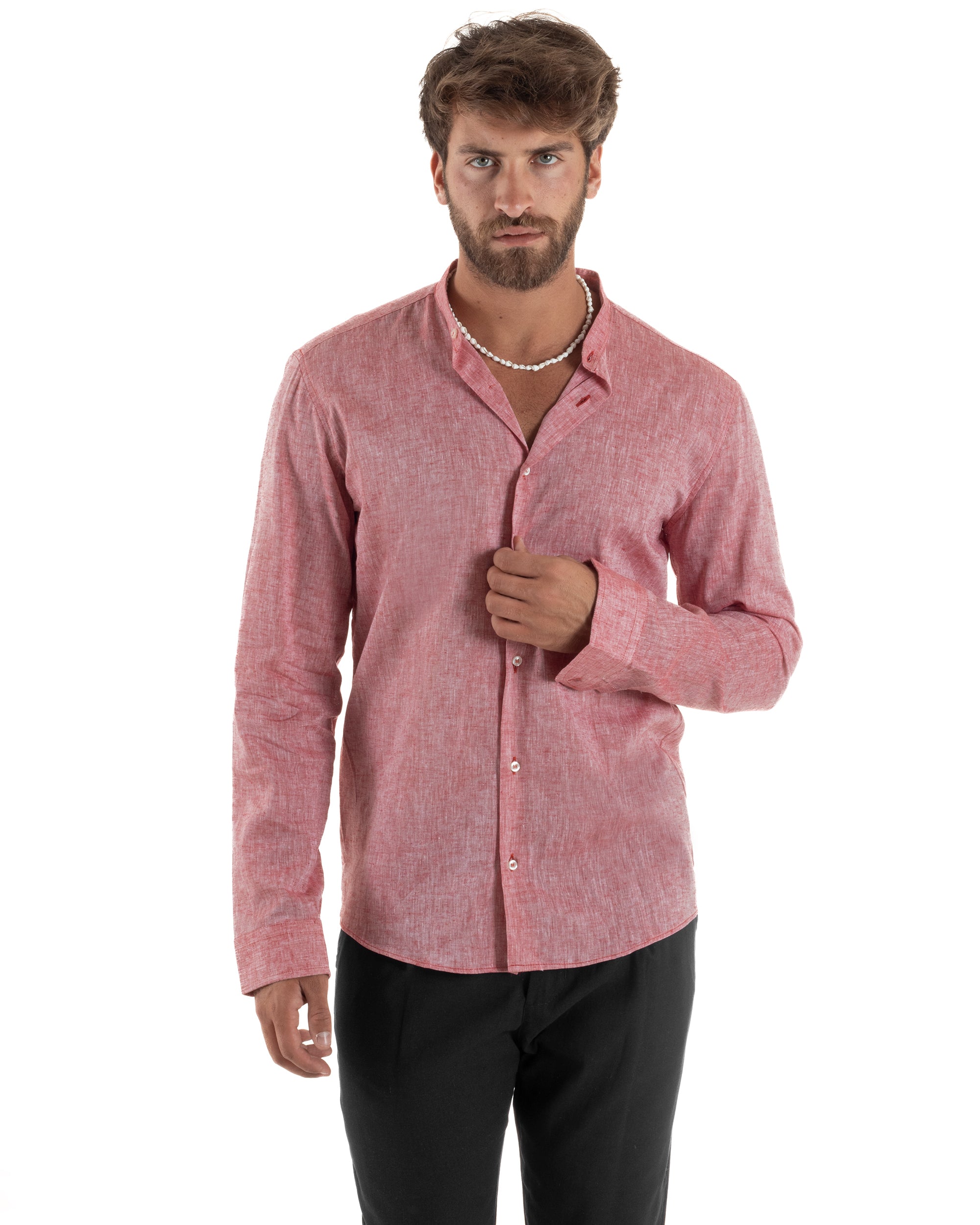 Camicia Lino Melangiata Collo Coreano Sartoriale C3003A