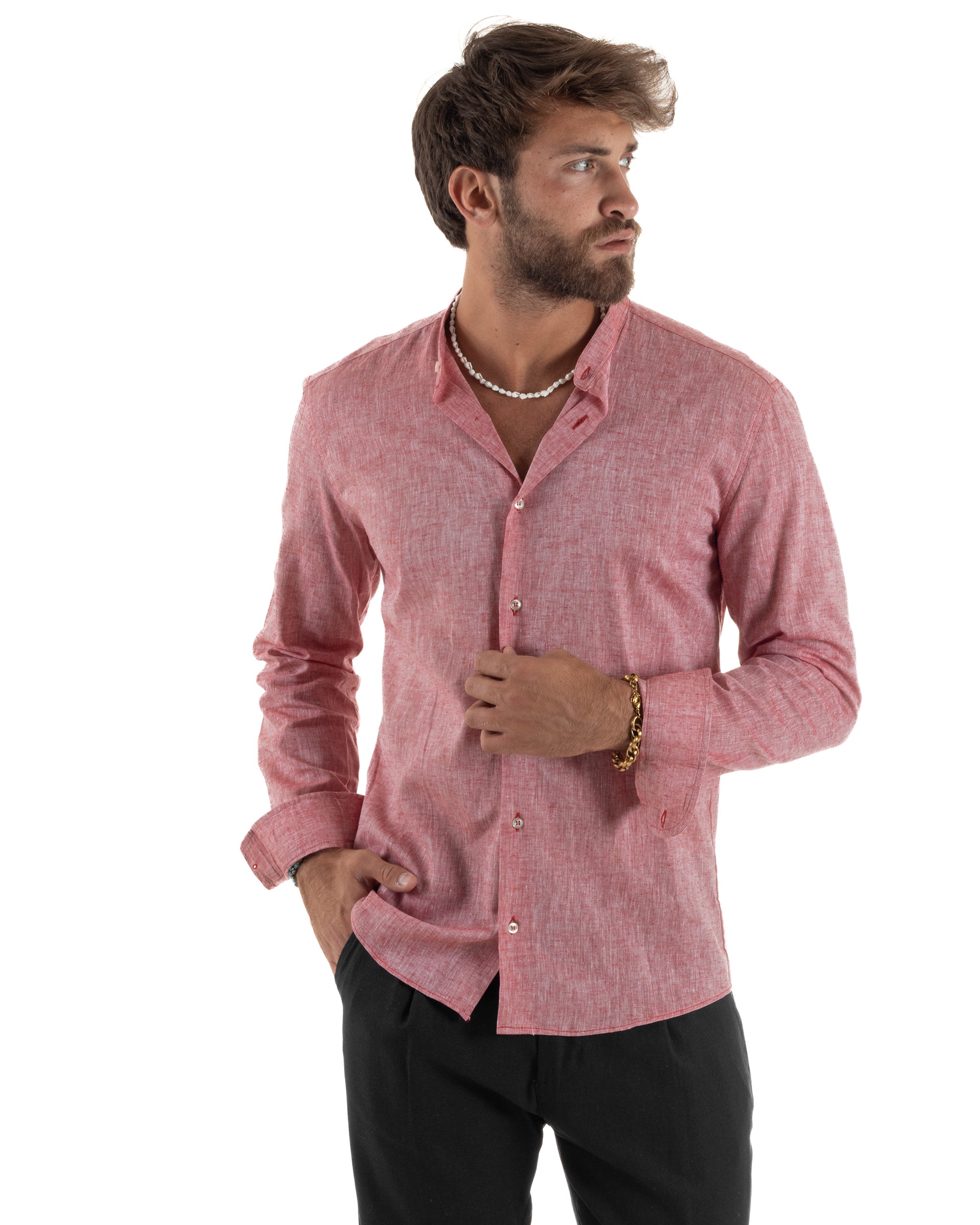 Camicia Lino Melangiata Collo Coreano Sartoriale C3003A