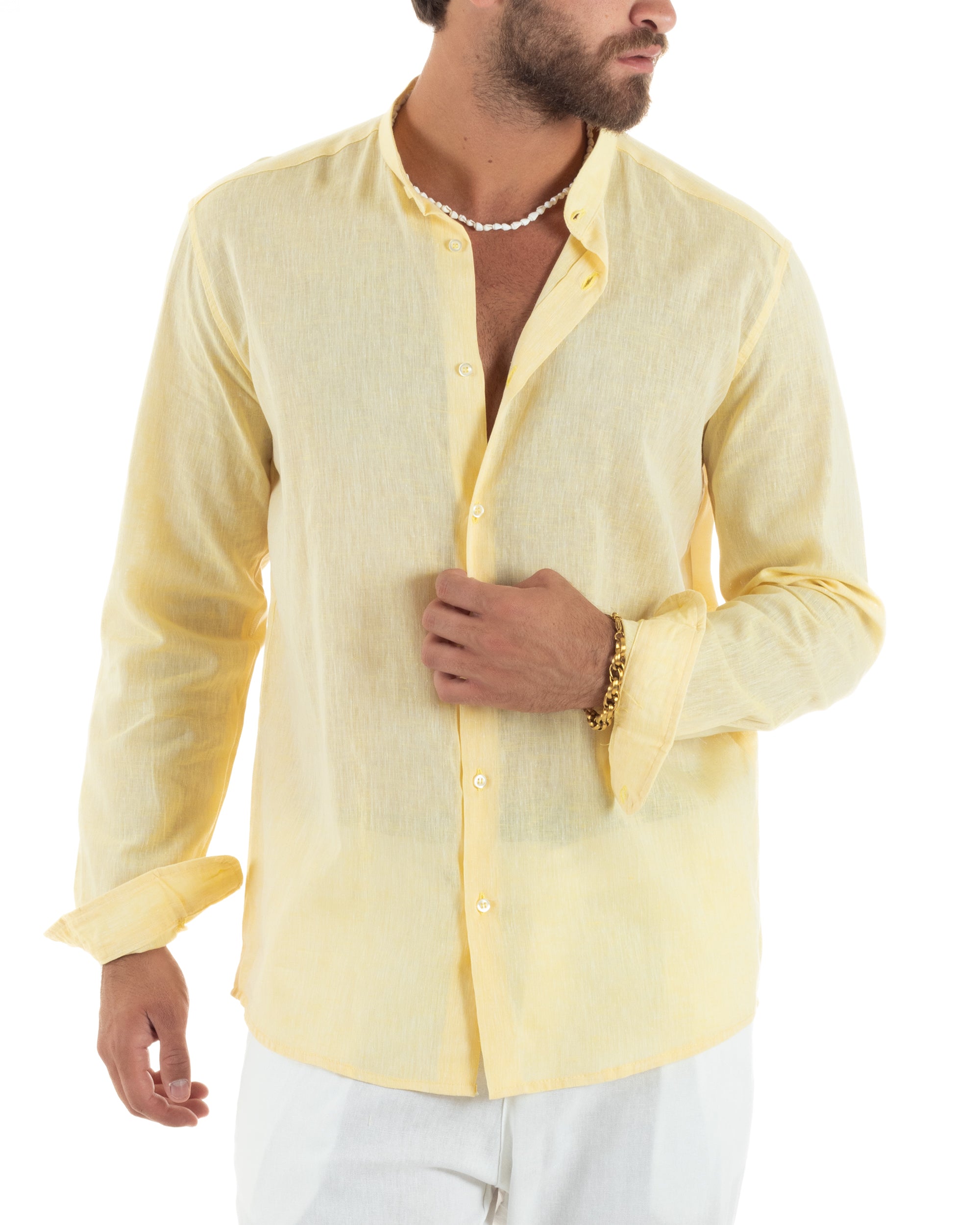 Camicia Lino Melangiata Collo Coreano Sartoriale C3007A
