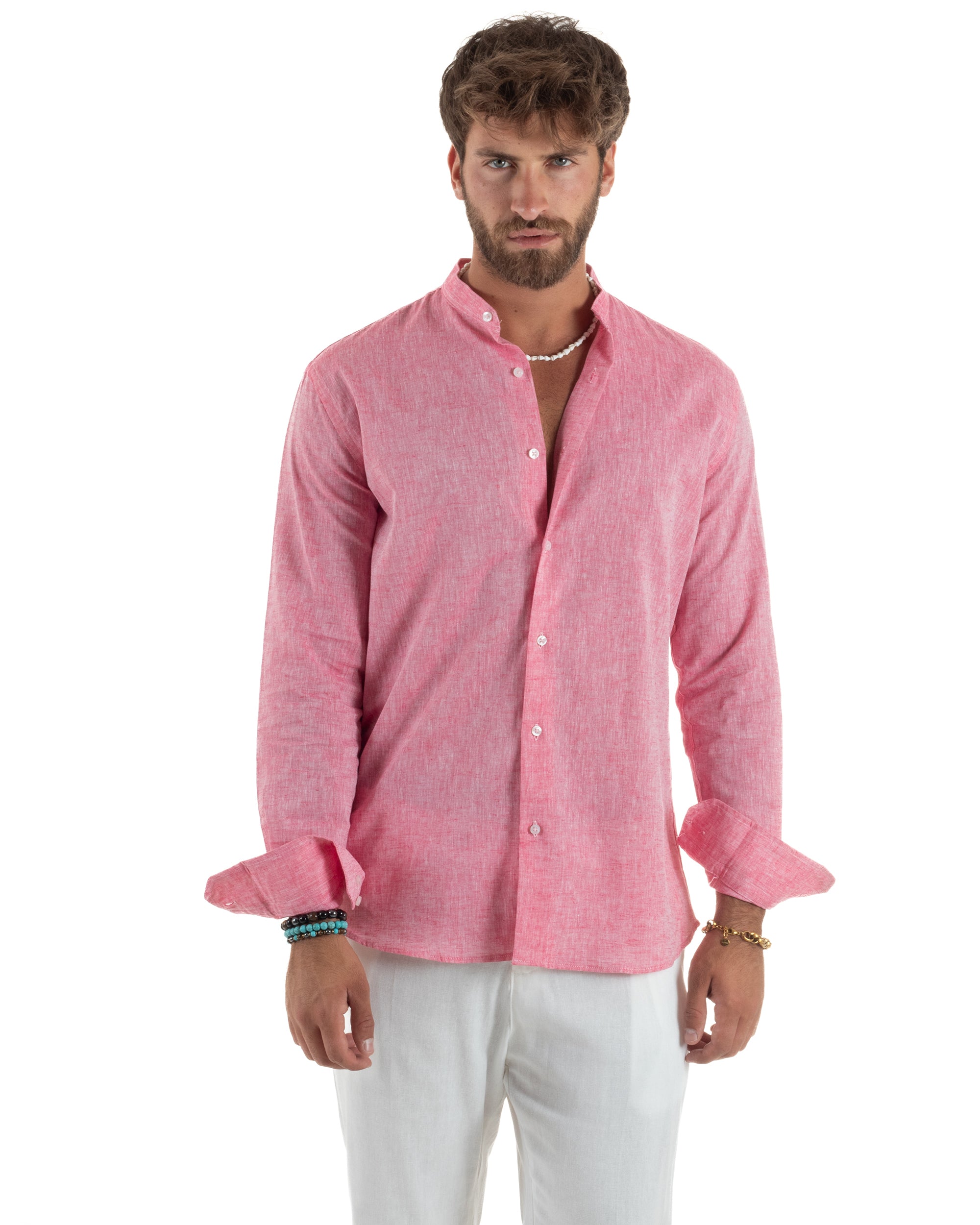 Camicia Lino Melangiata Collo Coreano Sartoriale C3009A