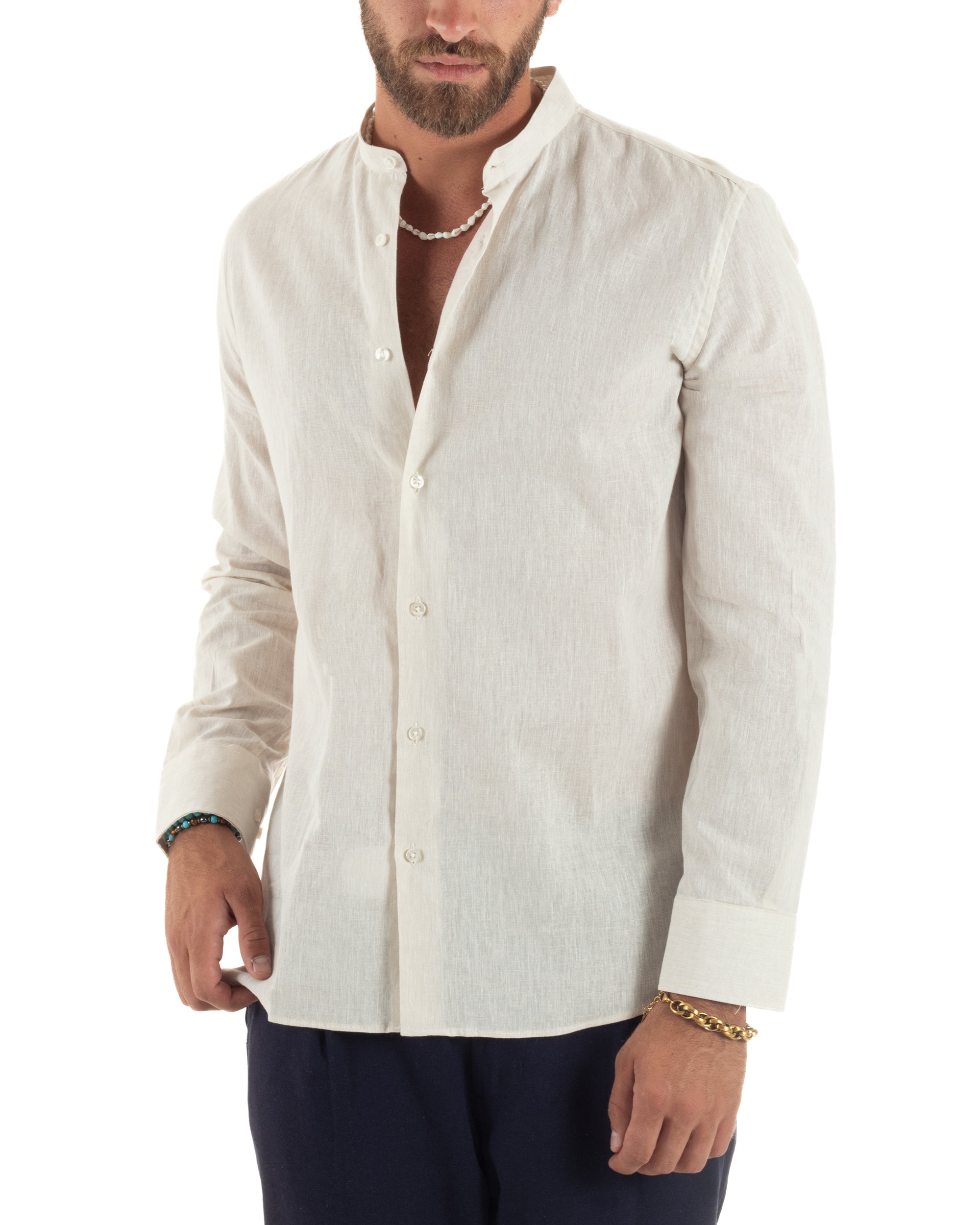 Camicia Lino Melangiata Collo Coreano Sartoriale C3011A