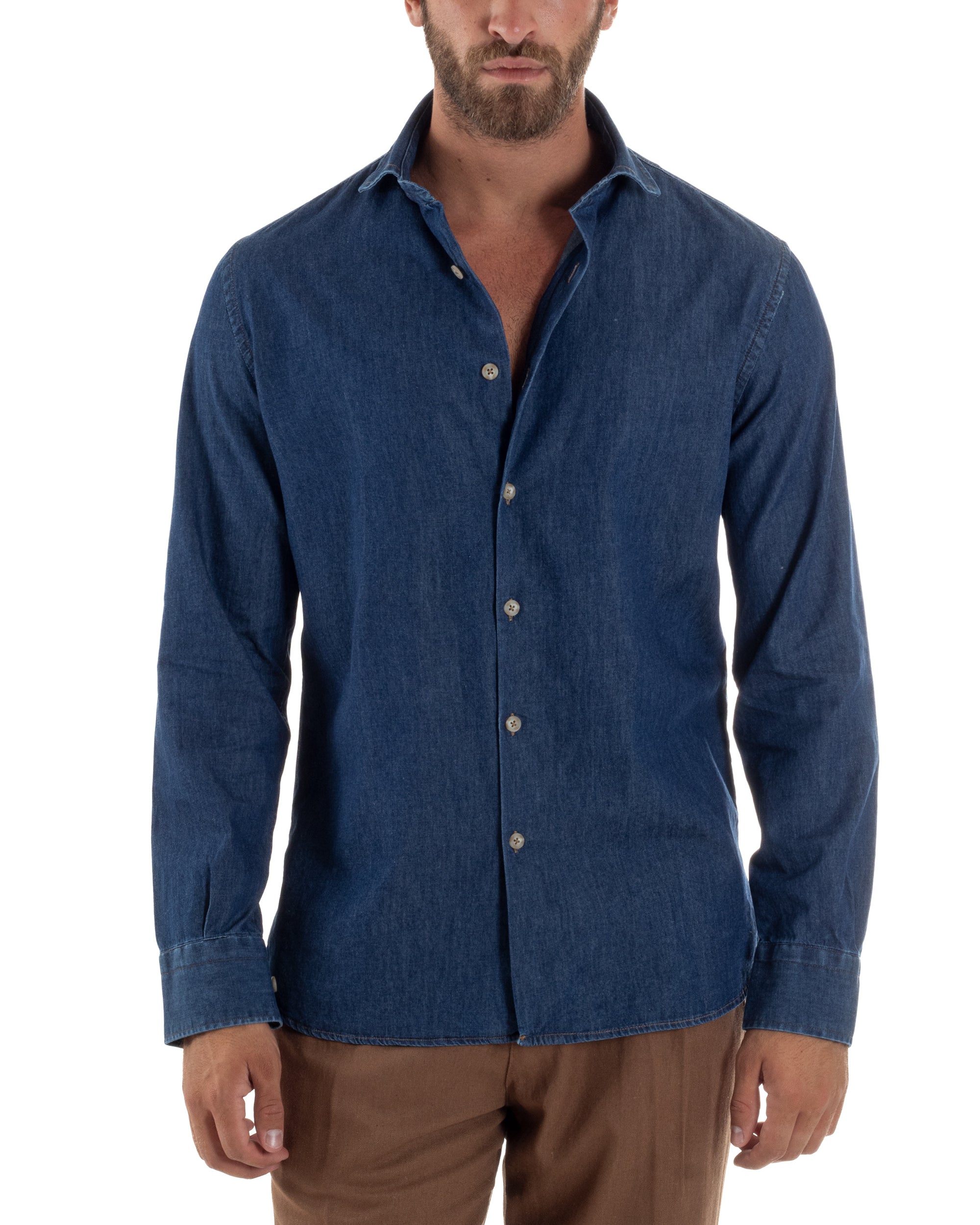 Camicia Jeans Collo Francese Cotone Denim Scuro C3013A