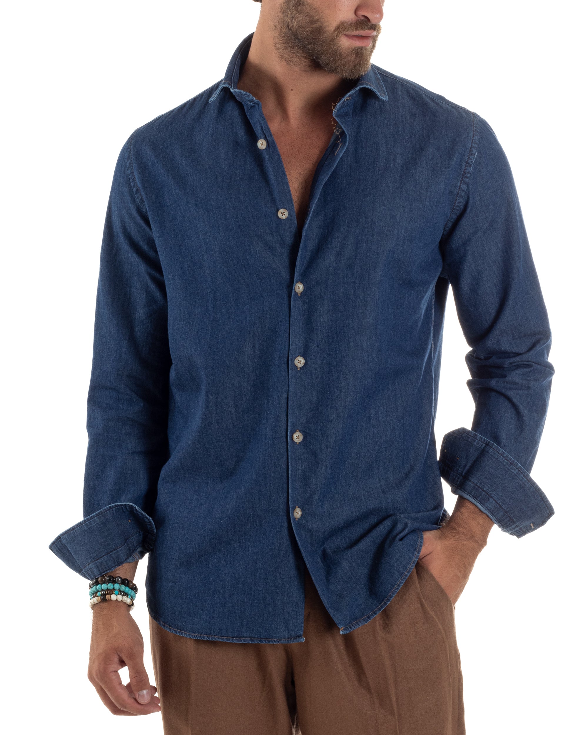 Camicia Jeans Collo Francese Cotone Denim Scuro C3013A
