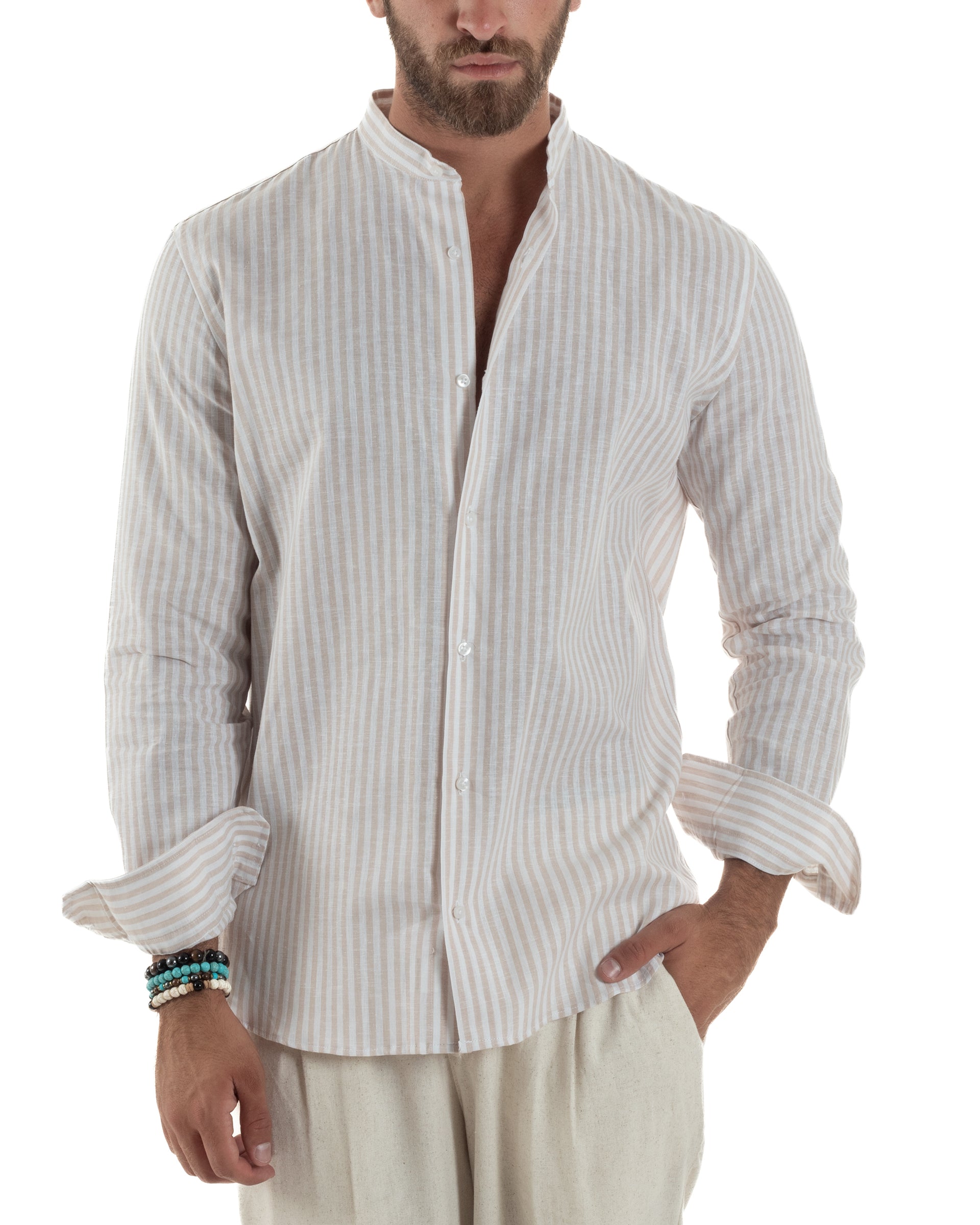 BL.11 Camicia in misto lino a righe con collo coreana BARRE' Bianco Prezzo 0,00€ - Estasi Fashion