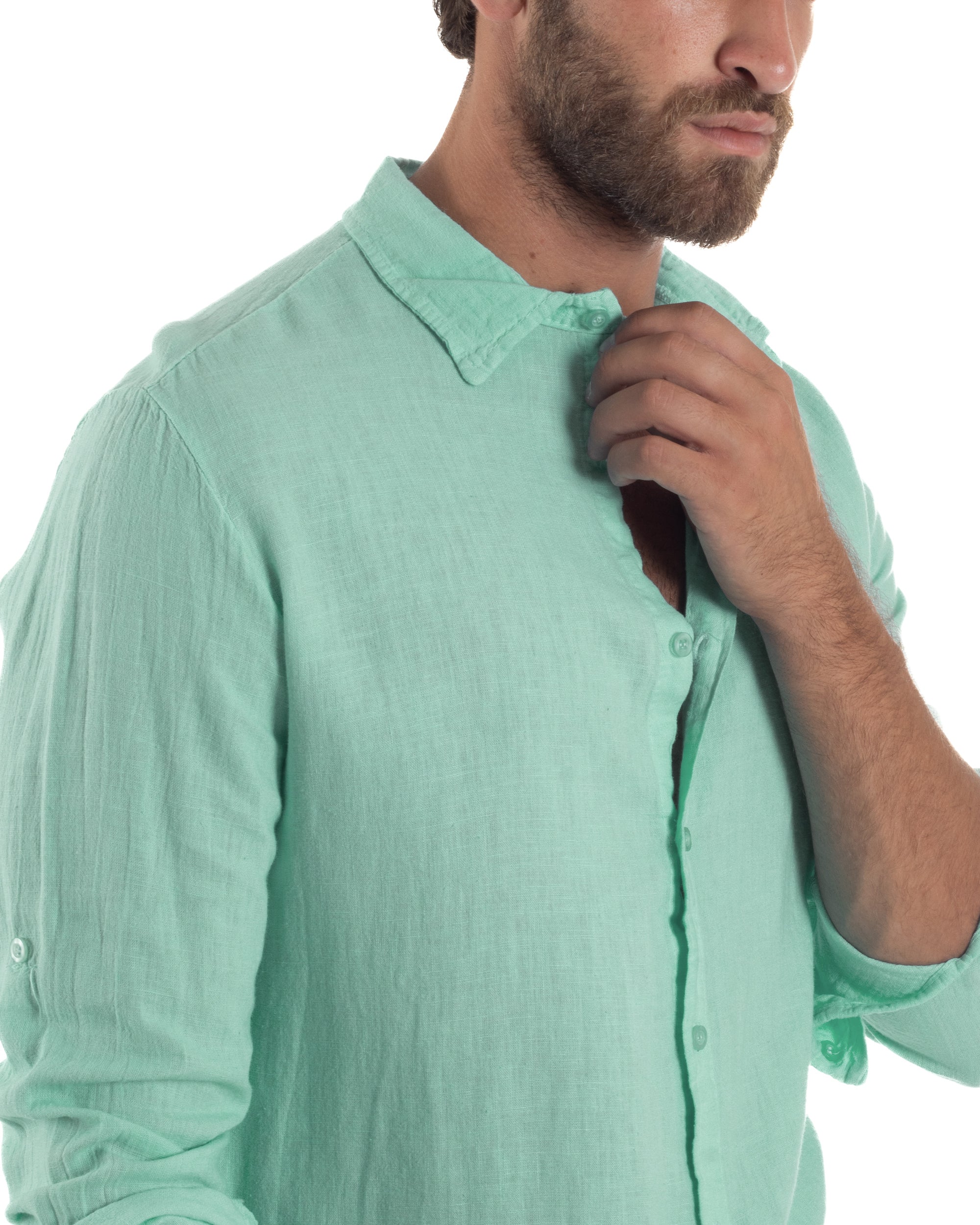 Camicia Collo Francese Lino Slim Fit Basic Verde Acqua C3037A