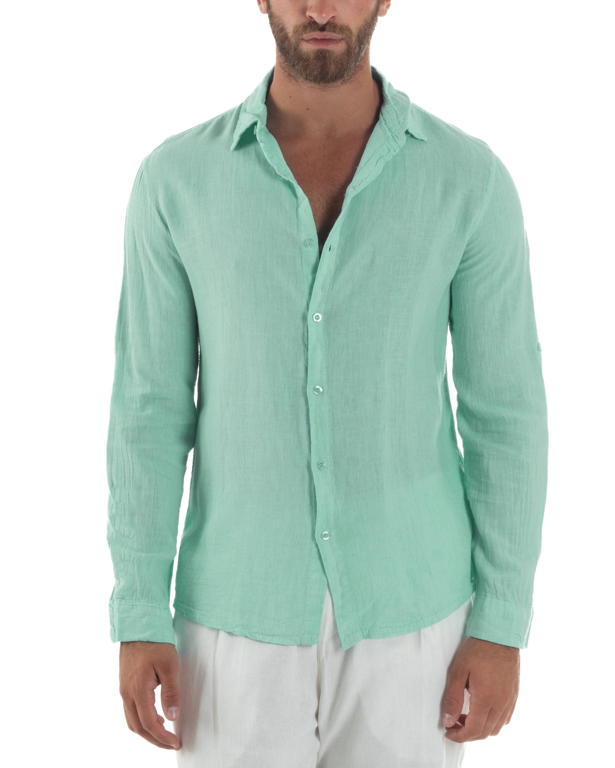 Camicia Collo Francese Lino Slim Fit Basic Verde Acqua C3037A