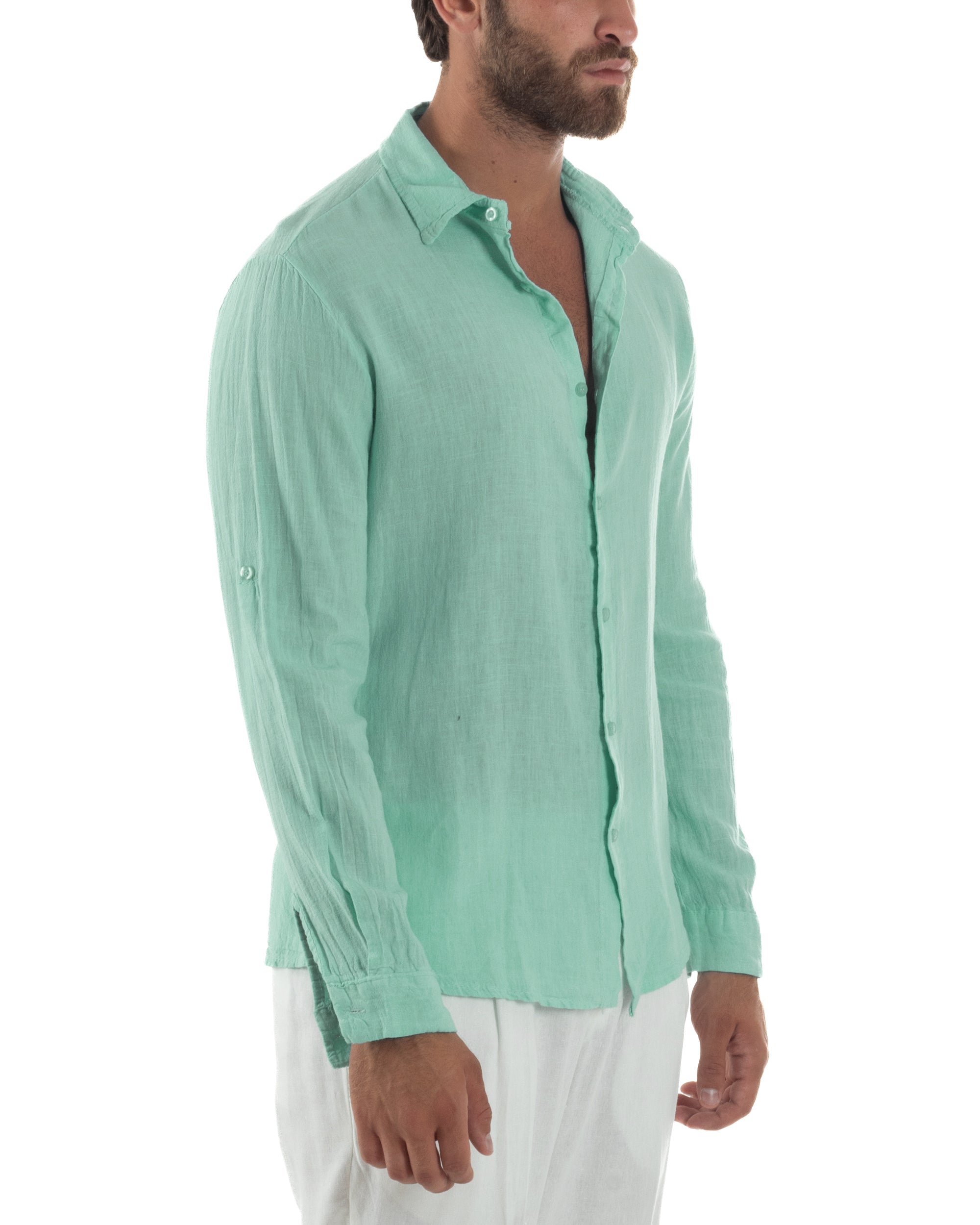 Camicia Collo Francese Lino Slim Fit Basic Verde Acqua C3037A
