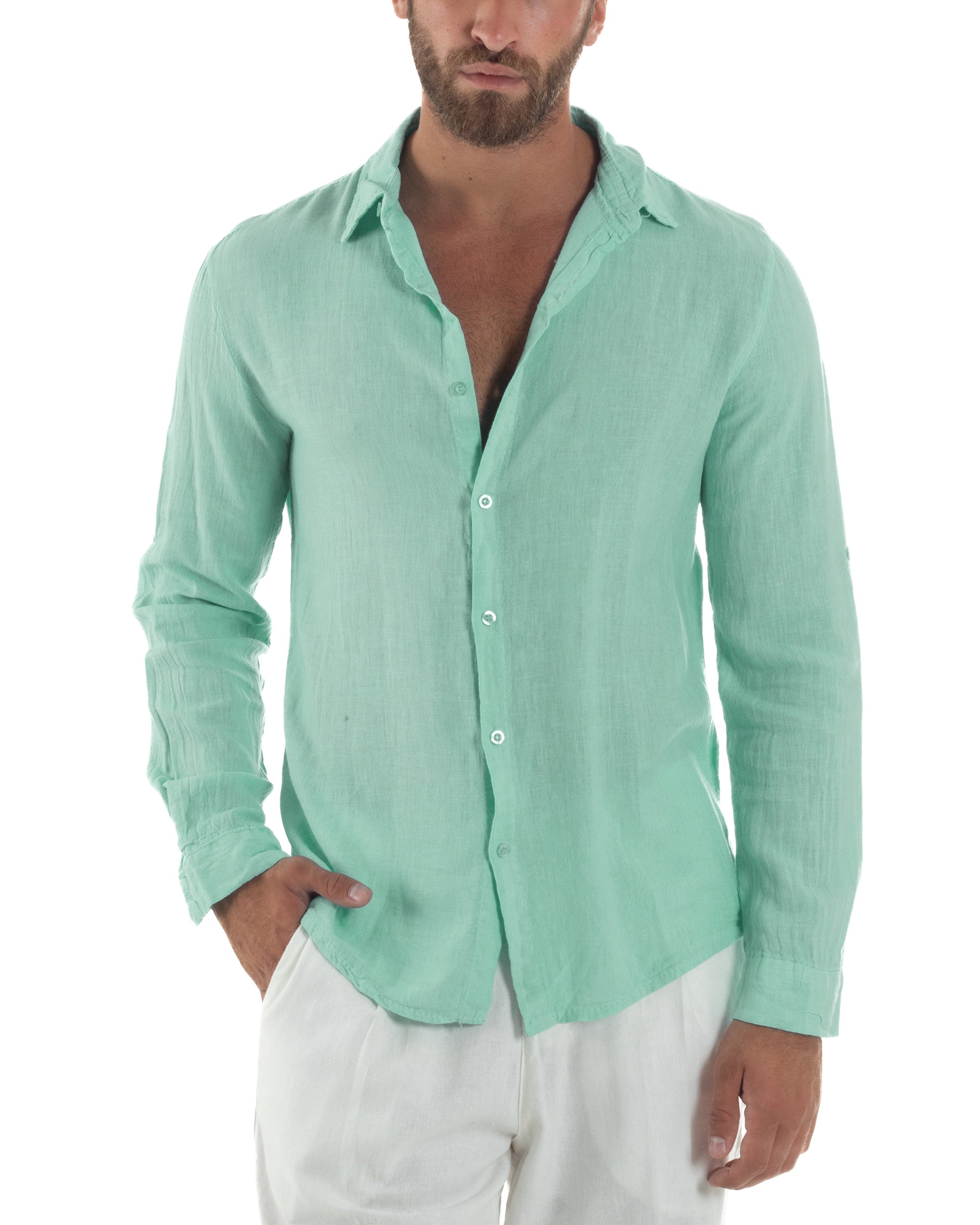 Camicia Collo Francese Lino Slim Fit Basic Verde Acqua C3037A