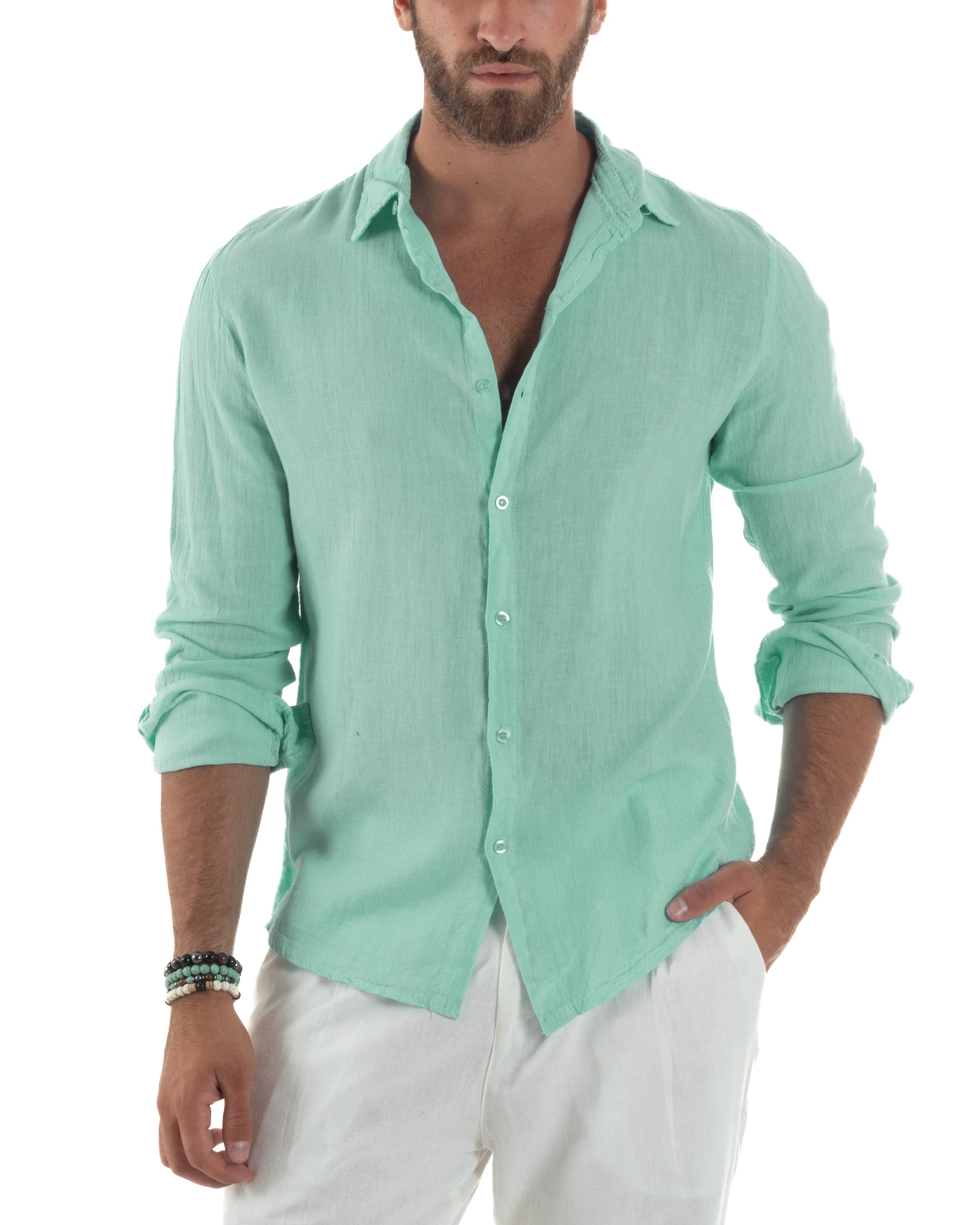 Camicia Collo Francese Lino Slim Fit Basic Verde Acqua C3037A