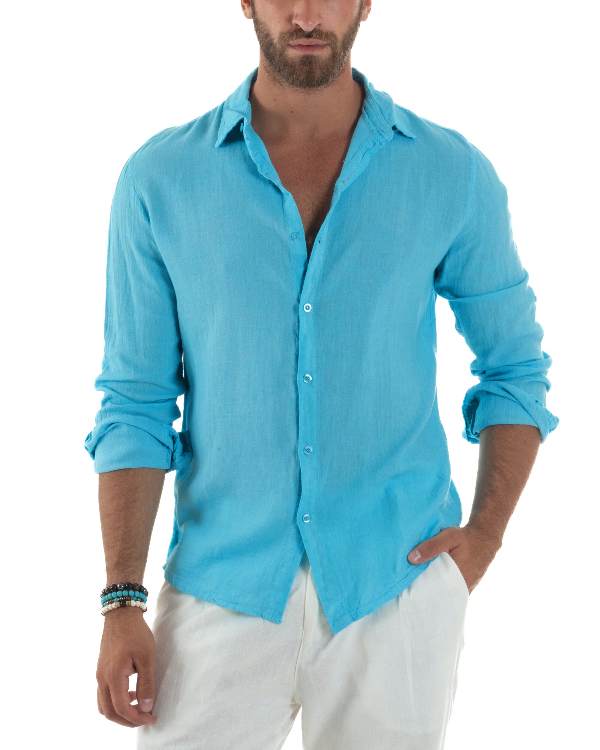 Camicia Collo Francese Lino Slim Fit Basic Turchese C3039A