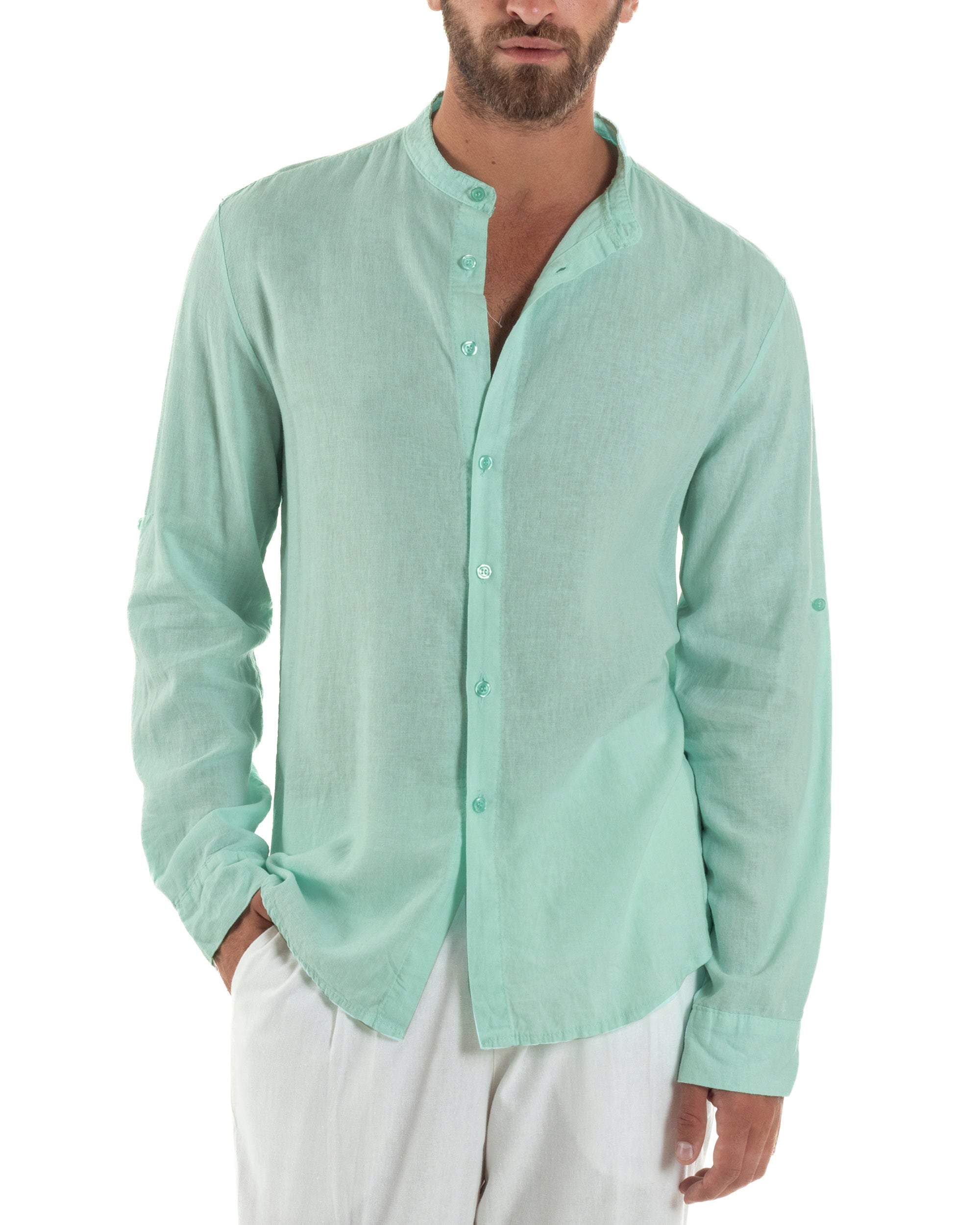 Camicia Lino Slim Fit Collo Coreano Verde Acqua C3052A