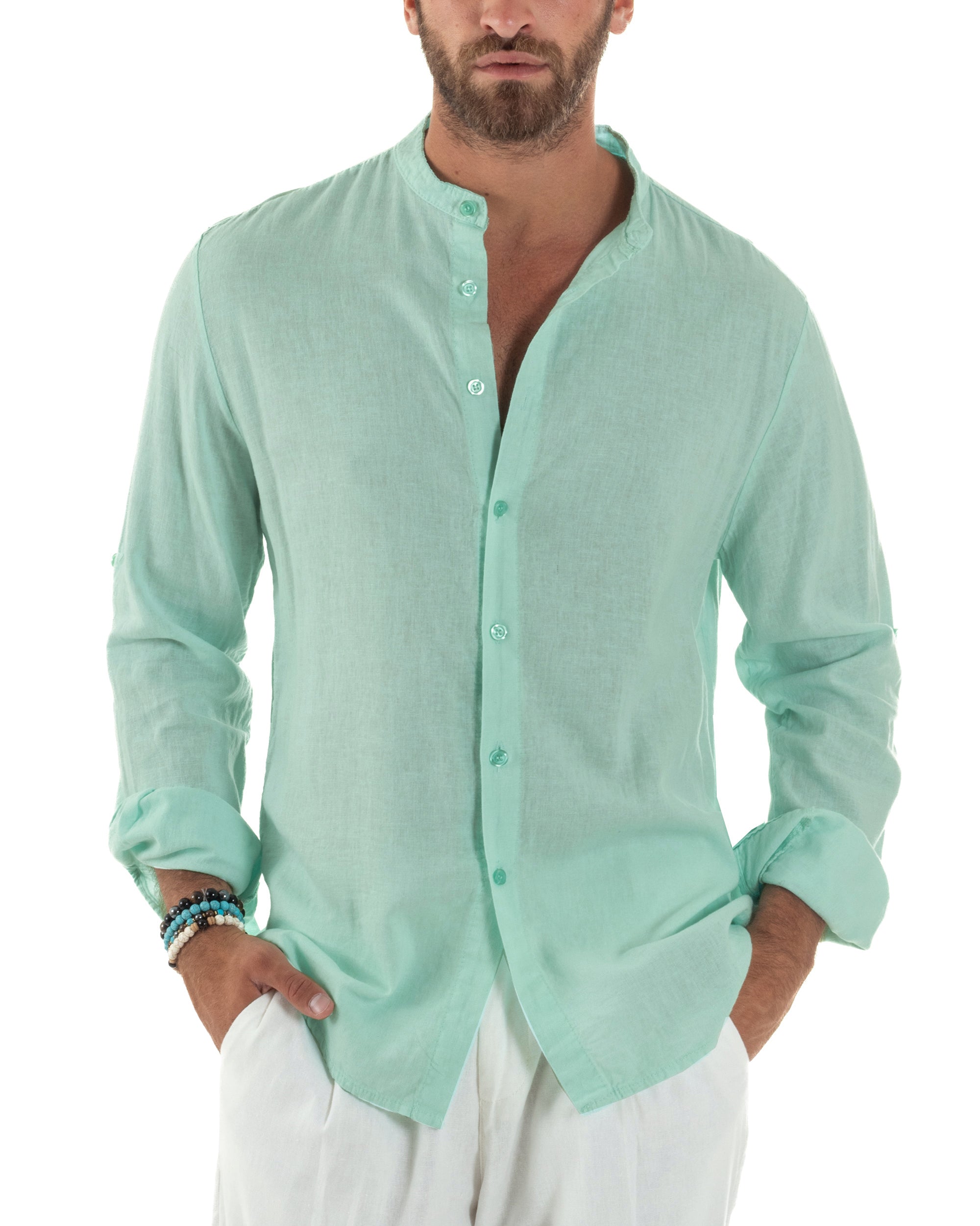 Camicia Lino Slim Fit Collo Coreano Verde Acqua C3052A