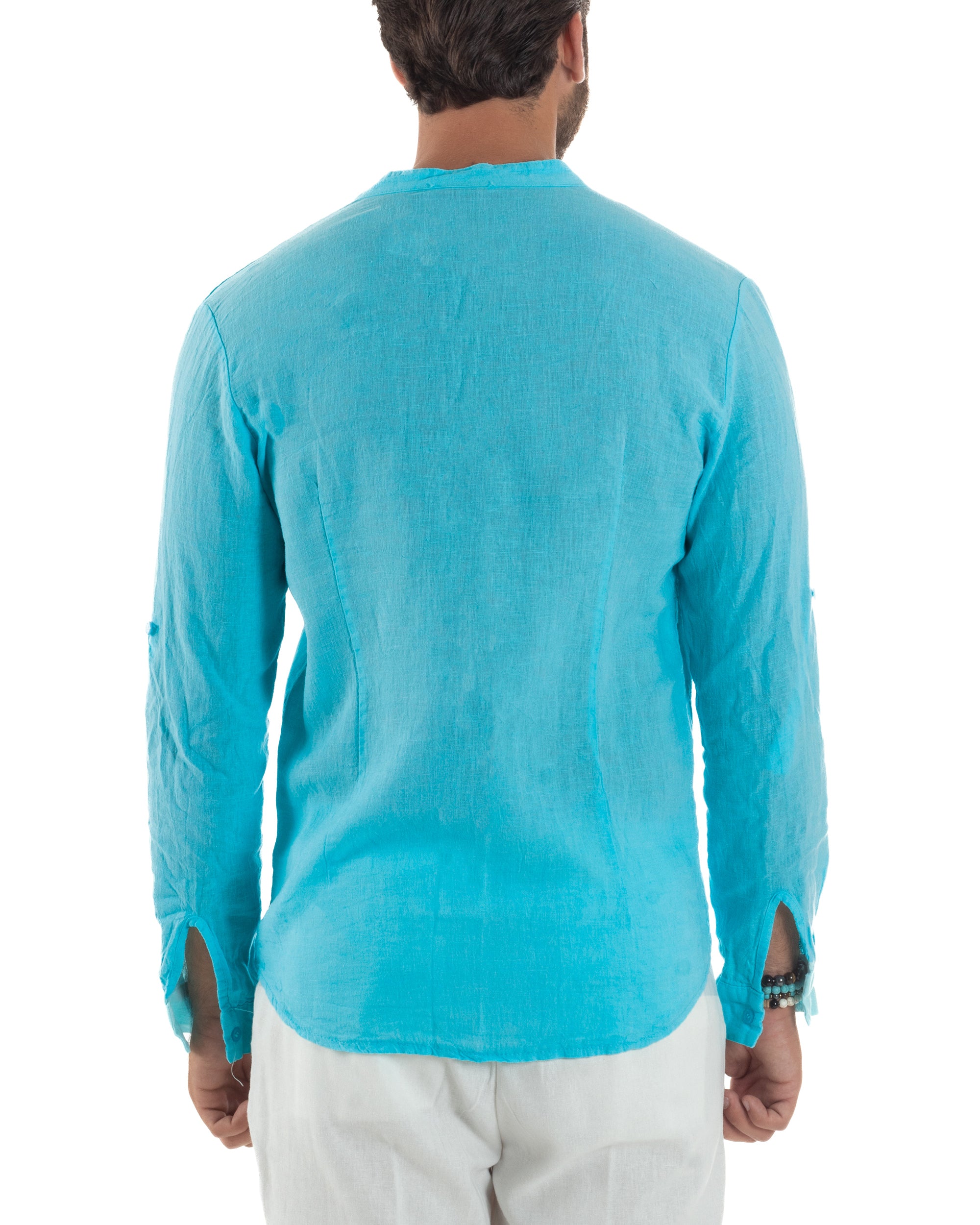 Slim-Fit-Leinenhemd mit Stehkragen, Türkis C3053A