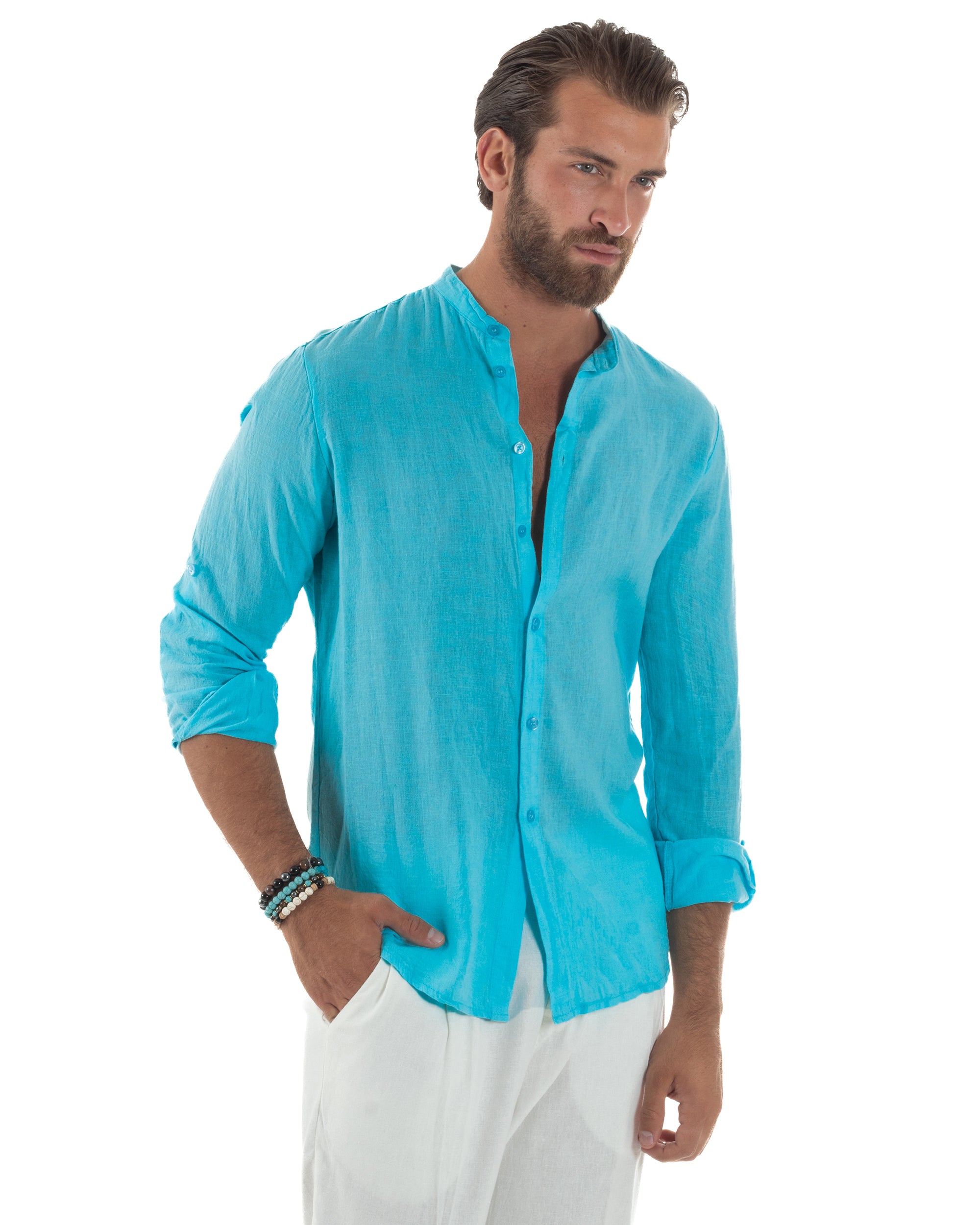 Slim-Fit-Leinenhemd mit Stehkragen, Türkis C3053A