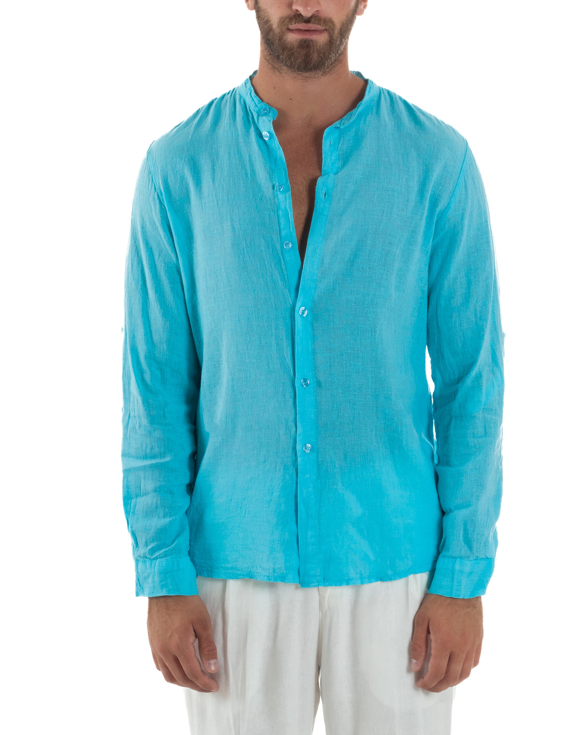 Slim-Fit-Leinenhemd mit Stehkragen, Türkis C3053A