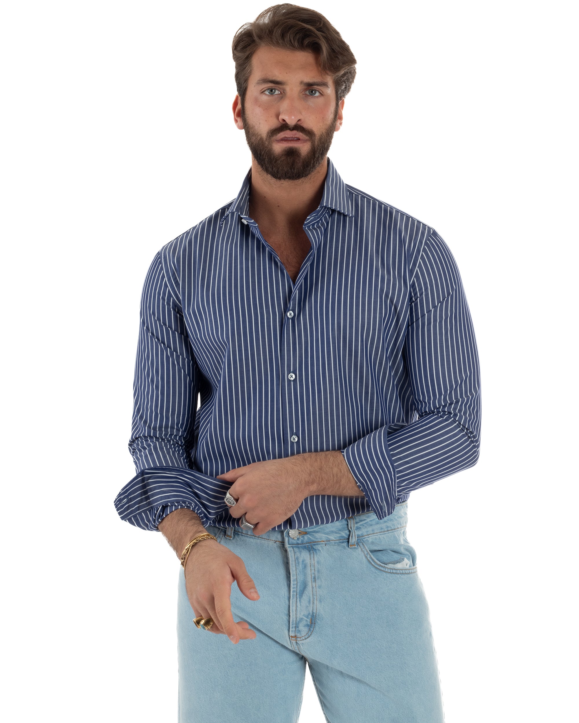 Camicia uomo cotone collo francese slim fit righe bastoncino medio bicolore blu bianco GIOSAL-C3068A