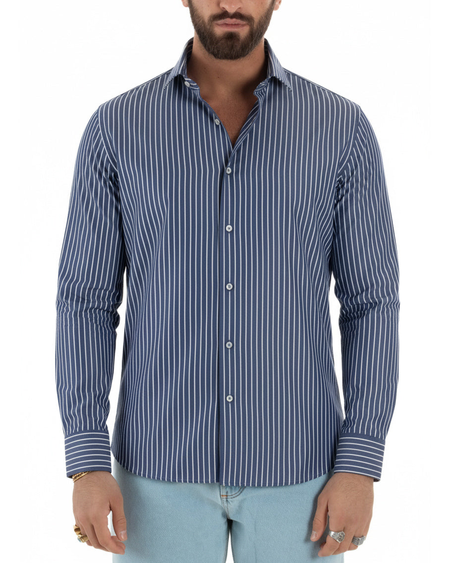 Camicia uomo cotone collo francese slim fit righe bastoncino medio bicolore blu bianco GIOSAL-C3068A