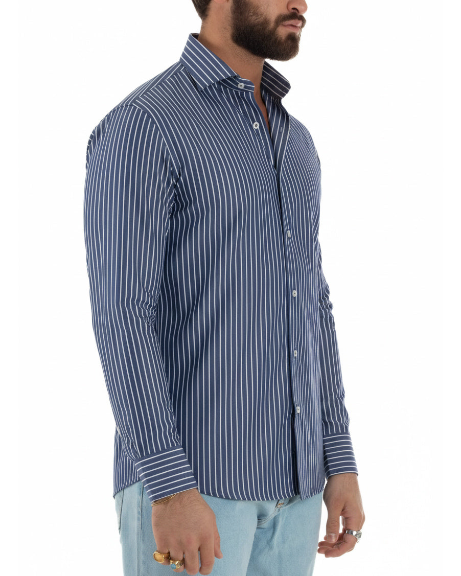Camicia uomo cotone collo francese slim fit righe bastoncino medio bicolore blu bianco GIOSAL-C3068A