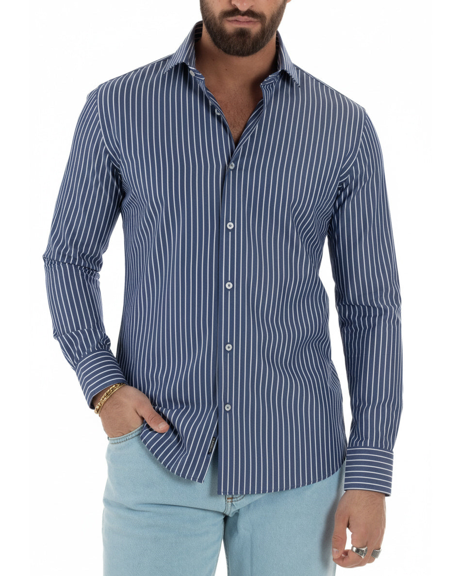 Camicia uomo cotone collo francese slim fit righe bastoncino medio bicolore blu bianco GIOSAL-C3068A