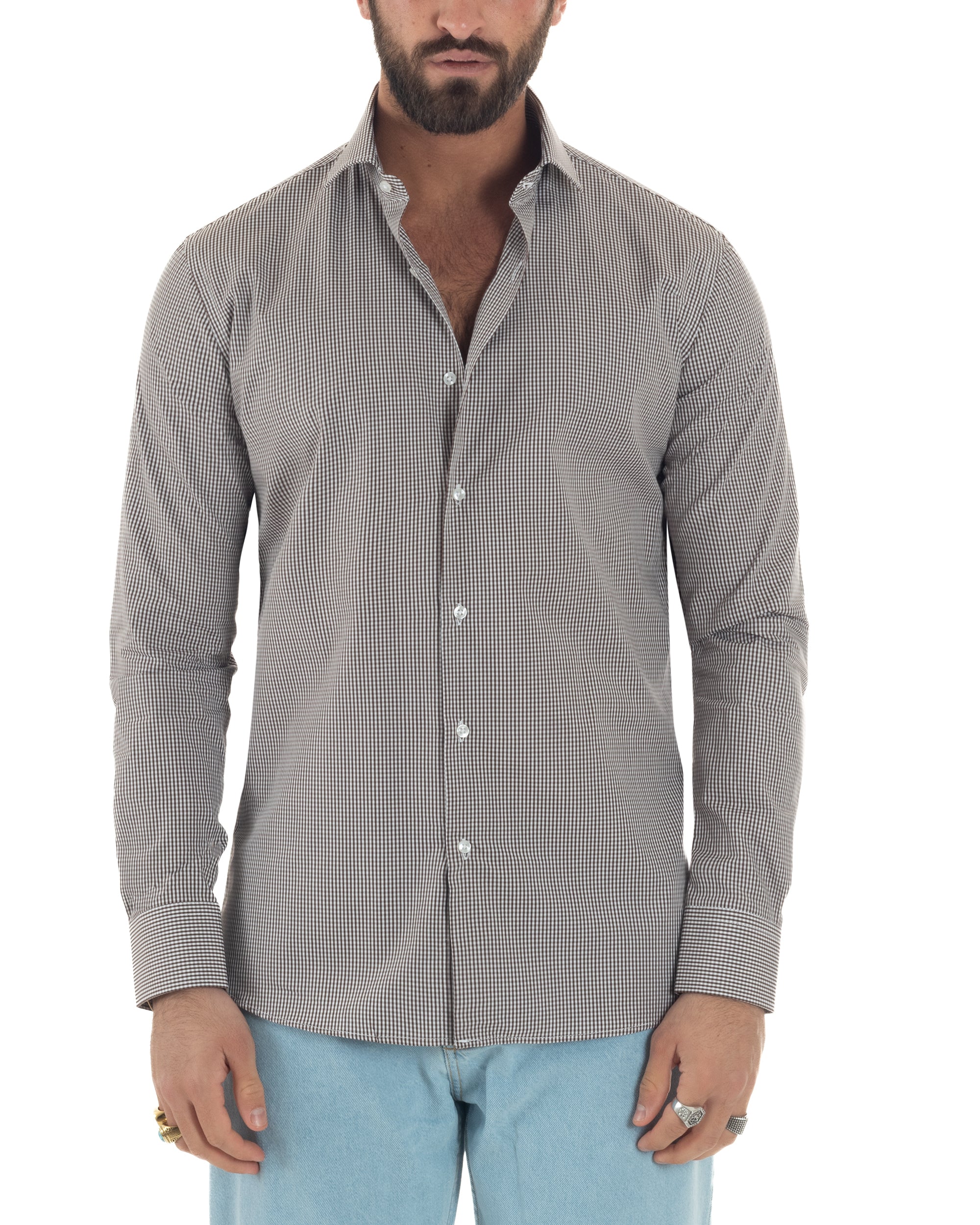 Vista completa camicia quadretti bianco marrone cotone 100% slim fit uomo