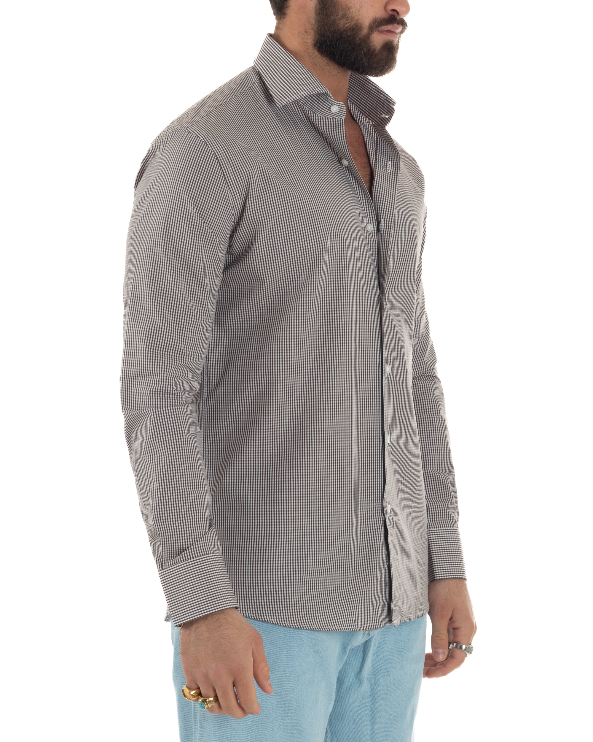 Vista laterale camicia uomo bianco marrone quadretti cotone slim fit