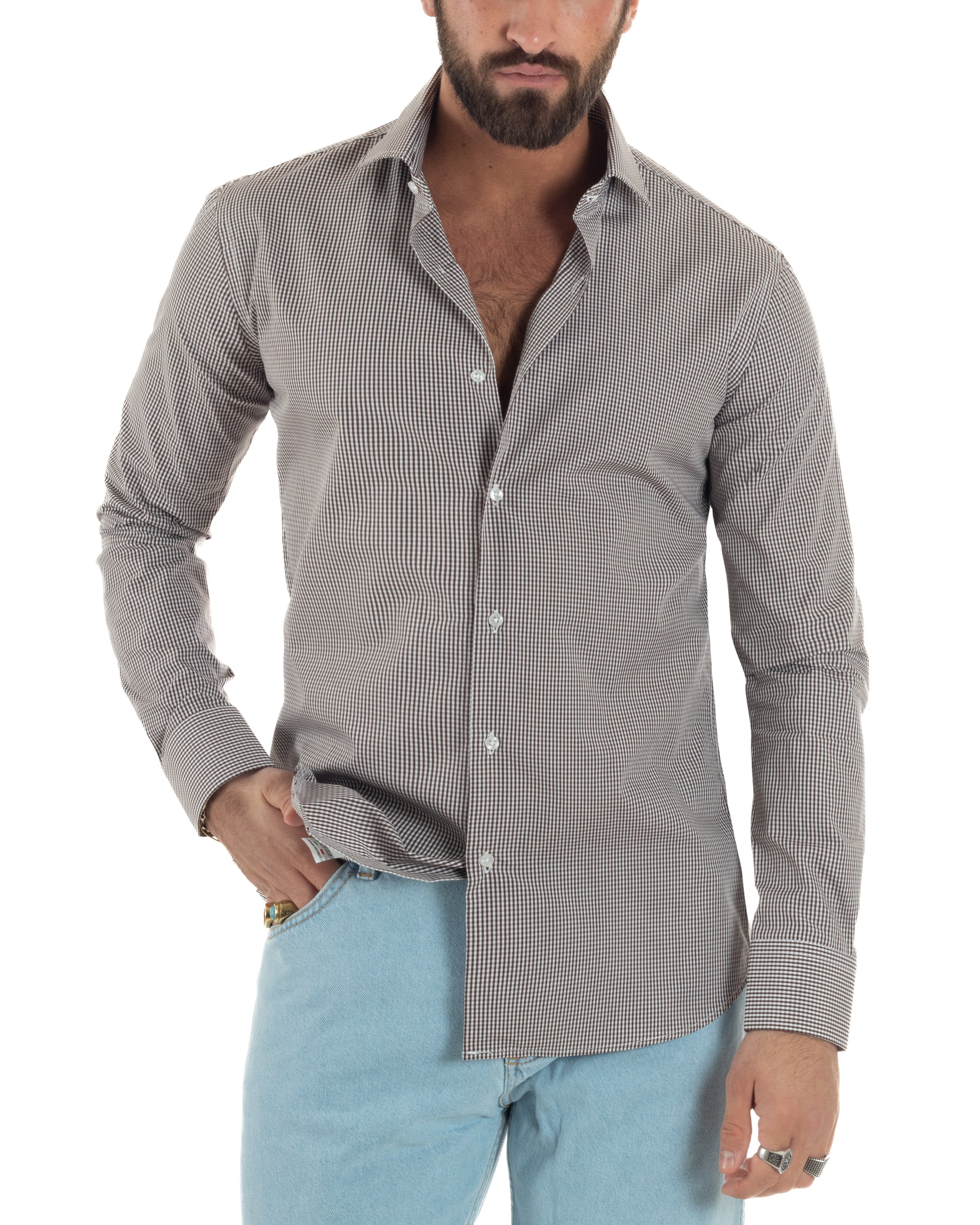 Camicia uomo bianco marrone quadretti sottili cotone slim fit colletto semi francese