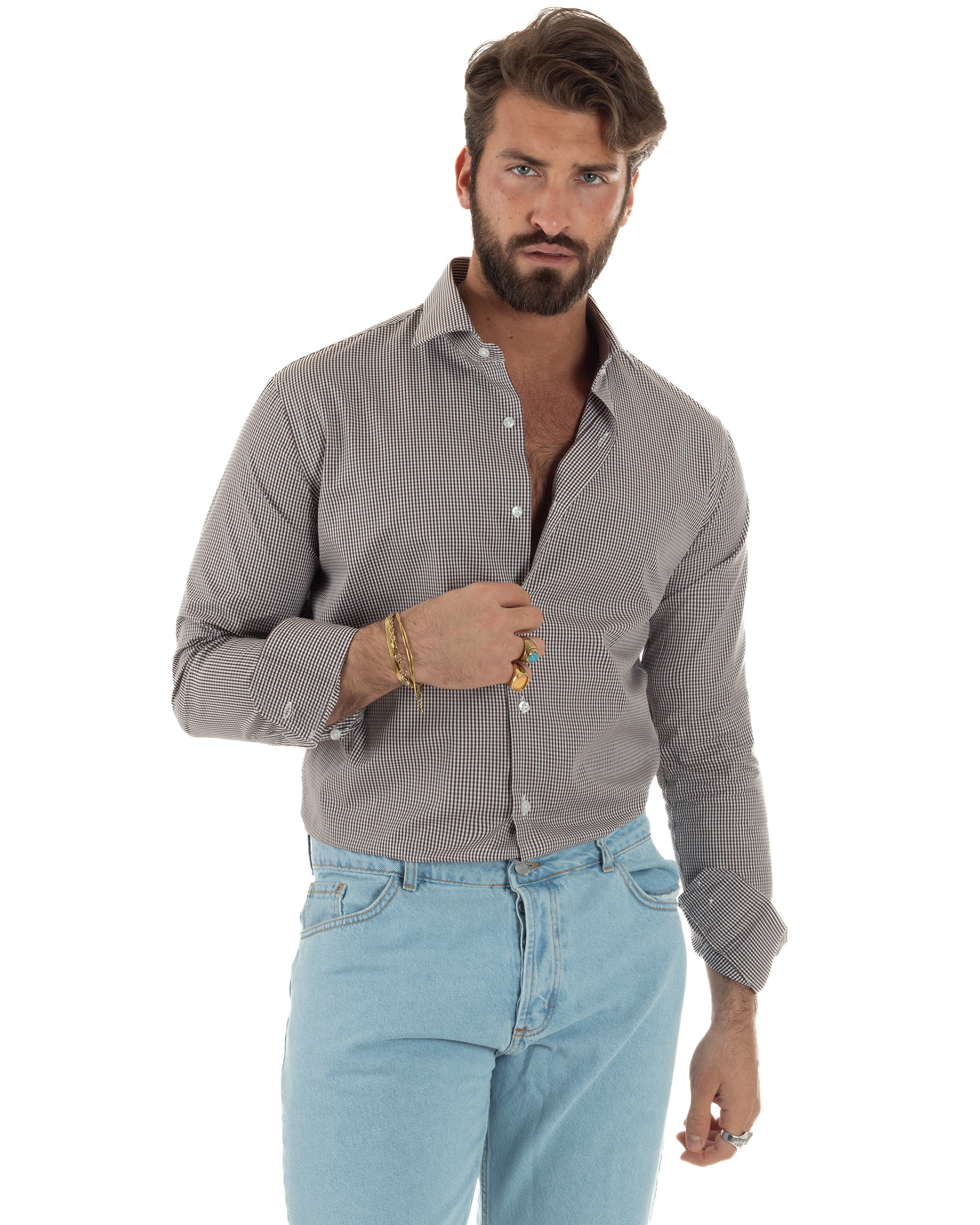 Vista frontale camicia quadretti bianco marrone cotone slim fit maniche lunghe