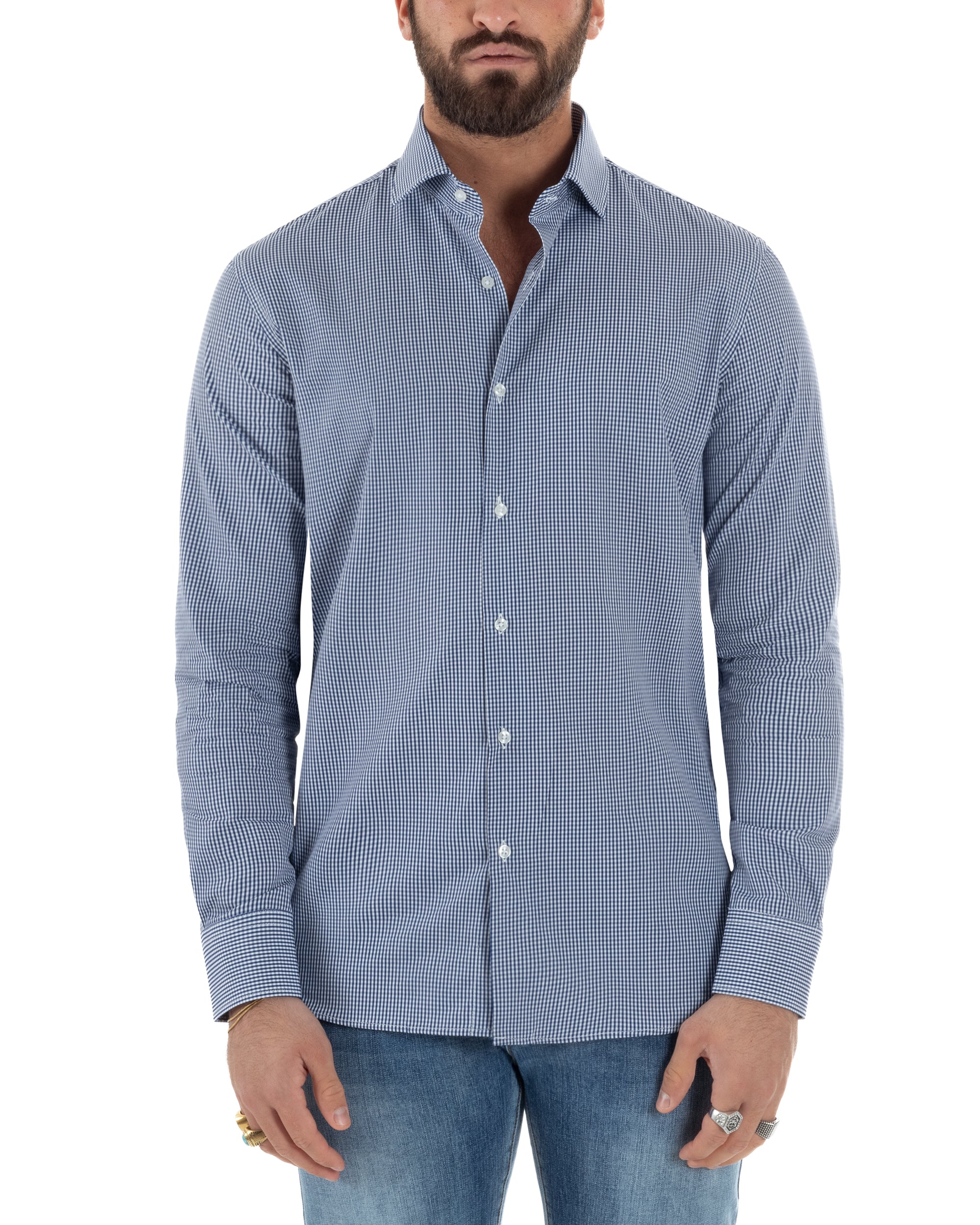 Vista completa camicia quadretti bianco blu cotone 100% slim fit uomo