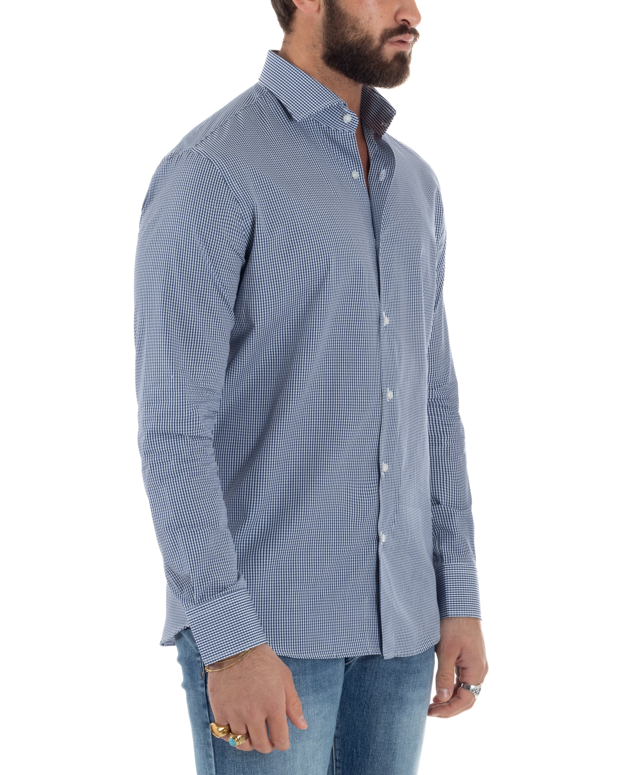 Vista laterale camicia uomo bianco blu quadretti cotone slim fit