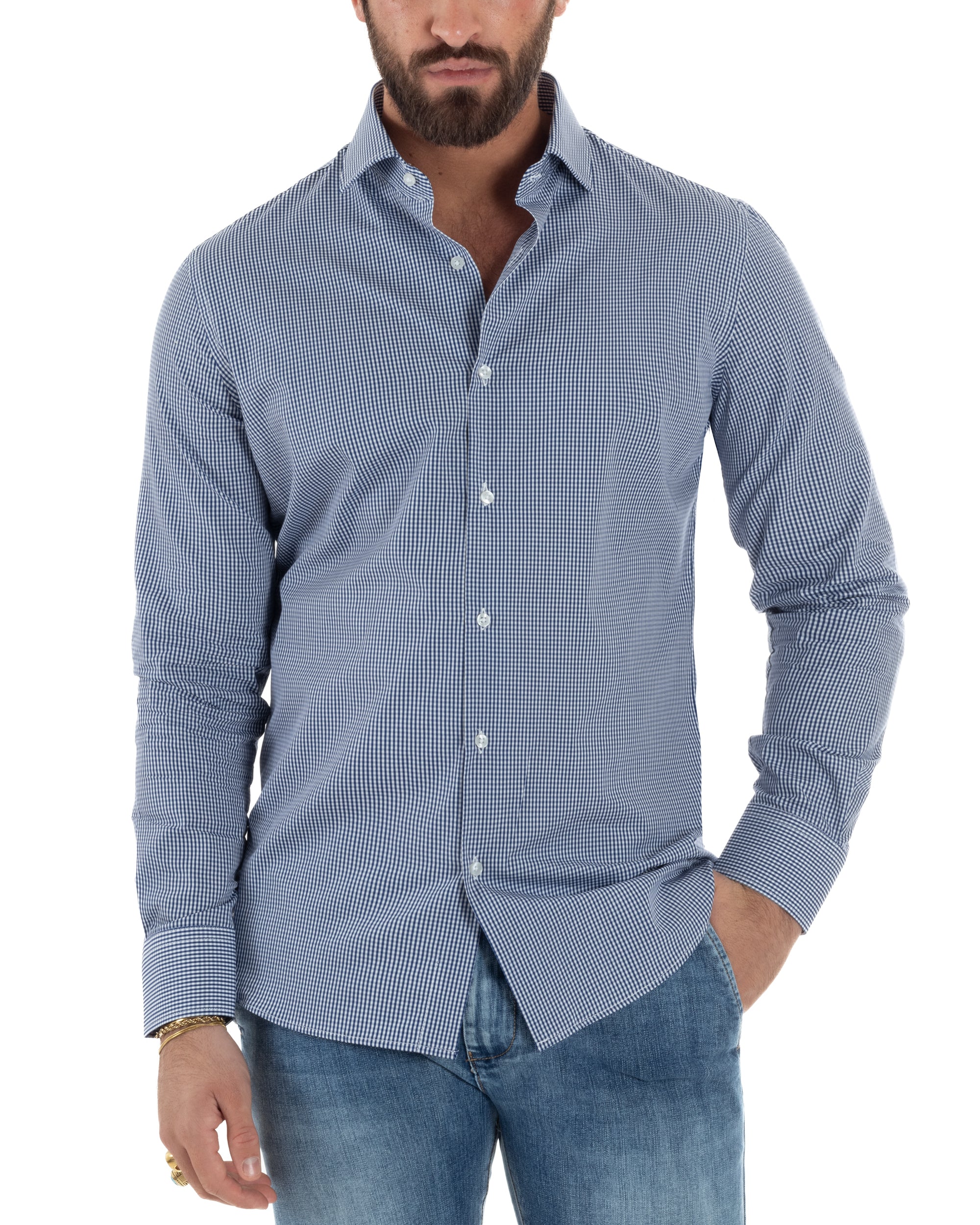 Camicia uomo bianco blu quadretti sottili cotone slim fit colletto semi francese