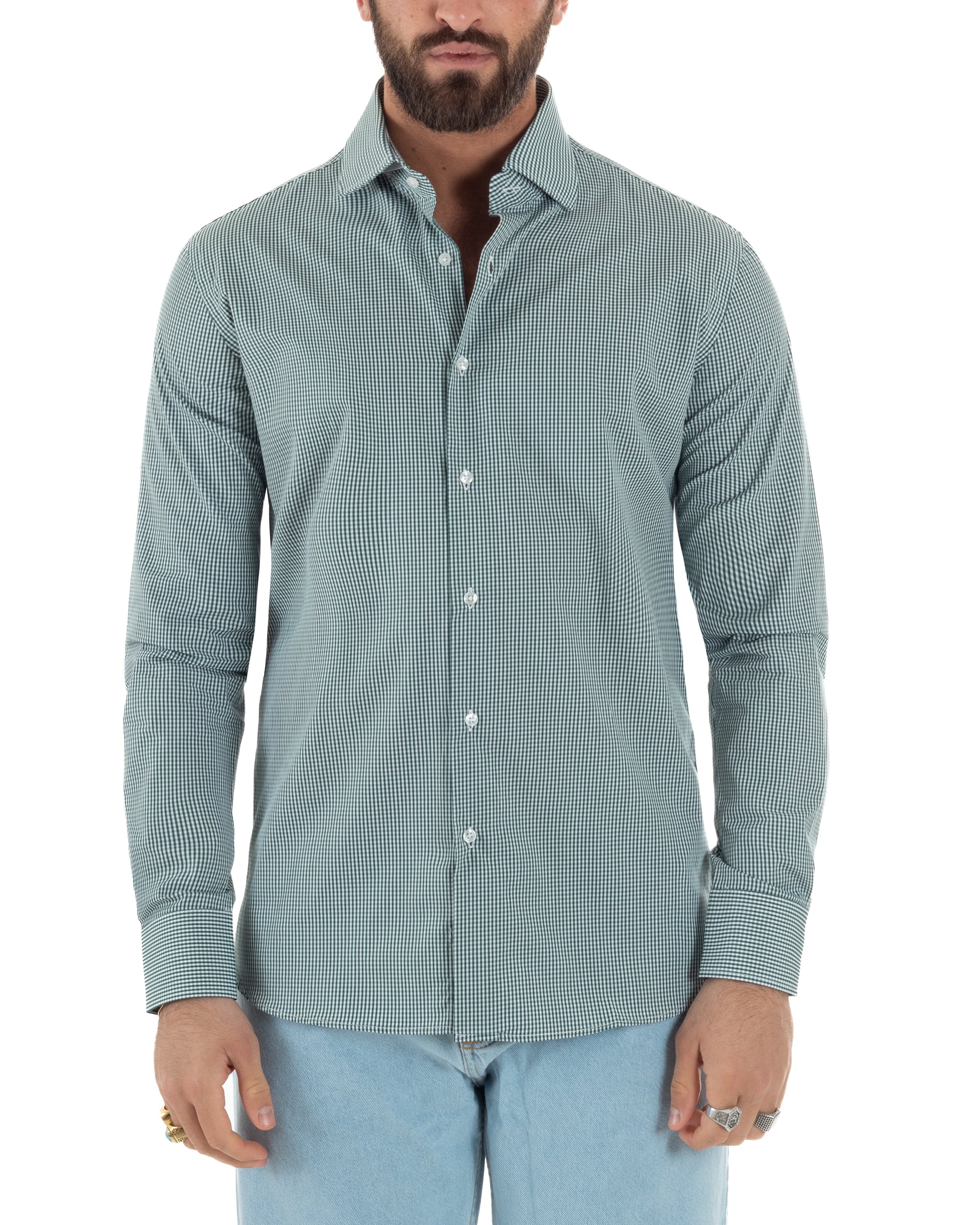 Vista completa camicia quadretti bianco verde cotone 100% slim fit uomo