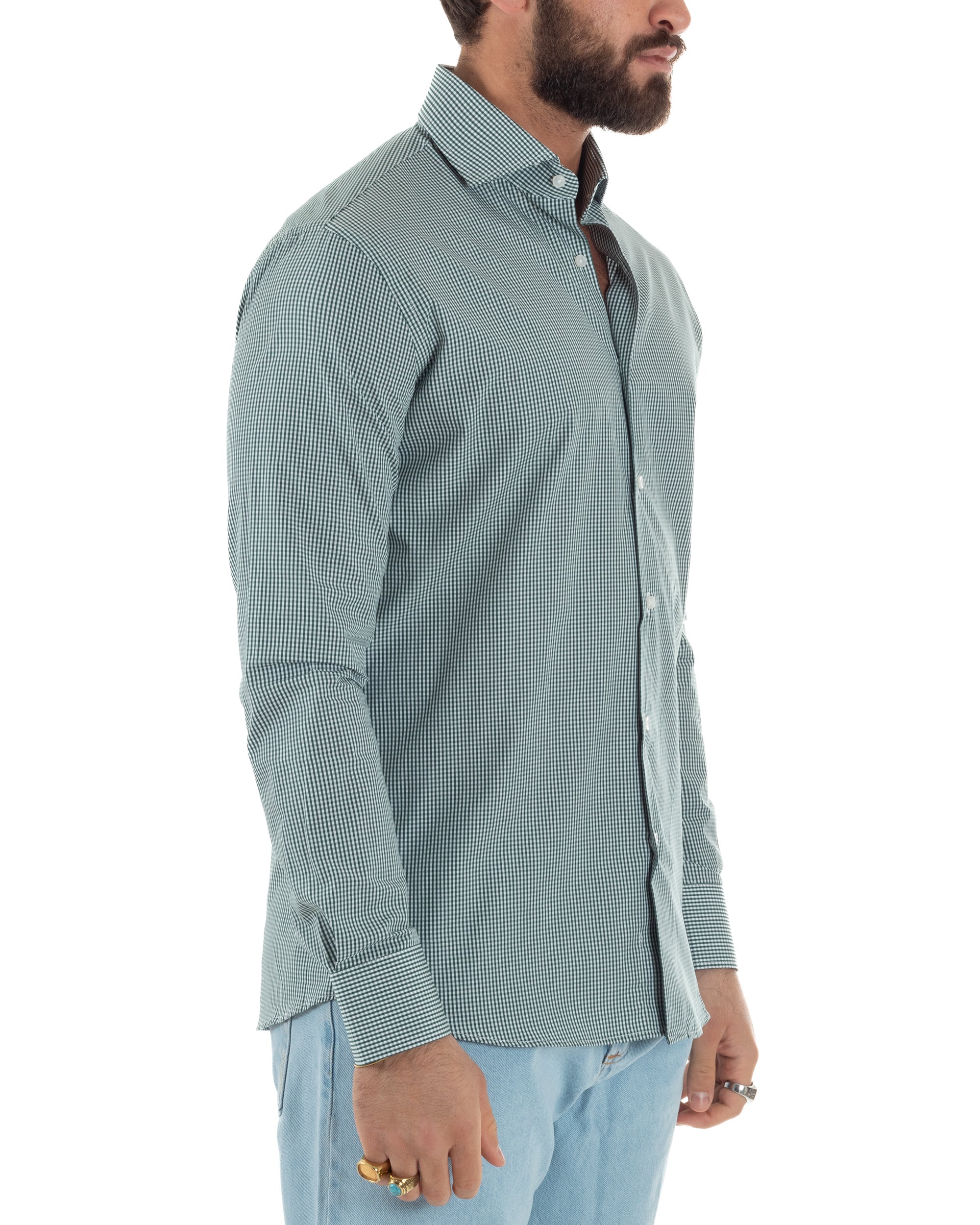 Vista laterale camicia uomo bianco verde quadretti cotone slim fit