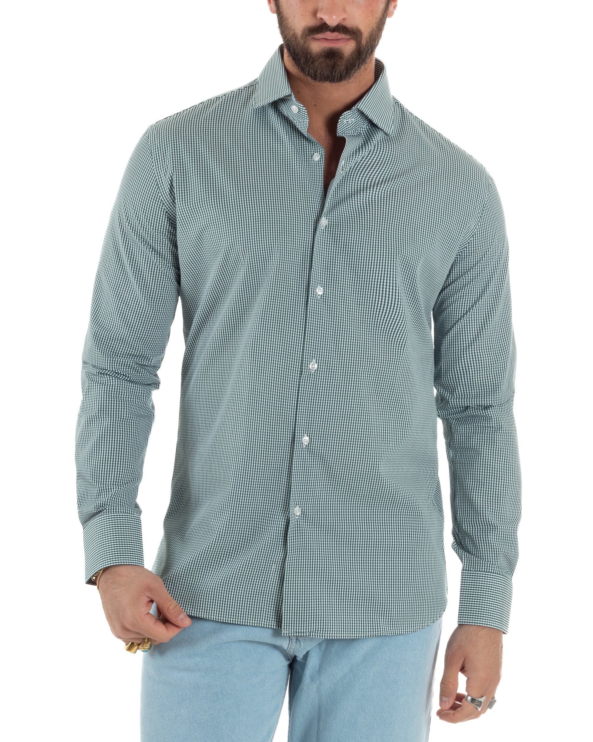 Camicia uomo bianco verde quadretti sottili cotone slim fit colletto semi francese