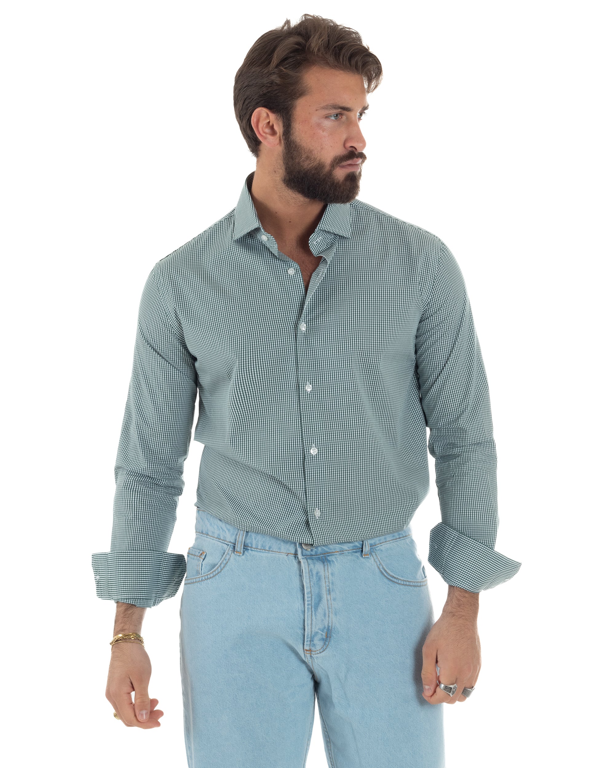 Vista frontale camicia quadretti bianco verde cotone slim fit maniche lunghe