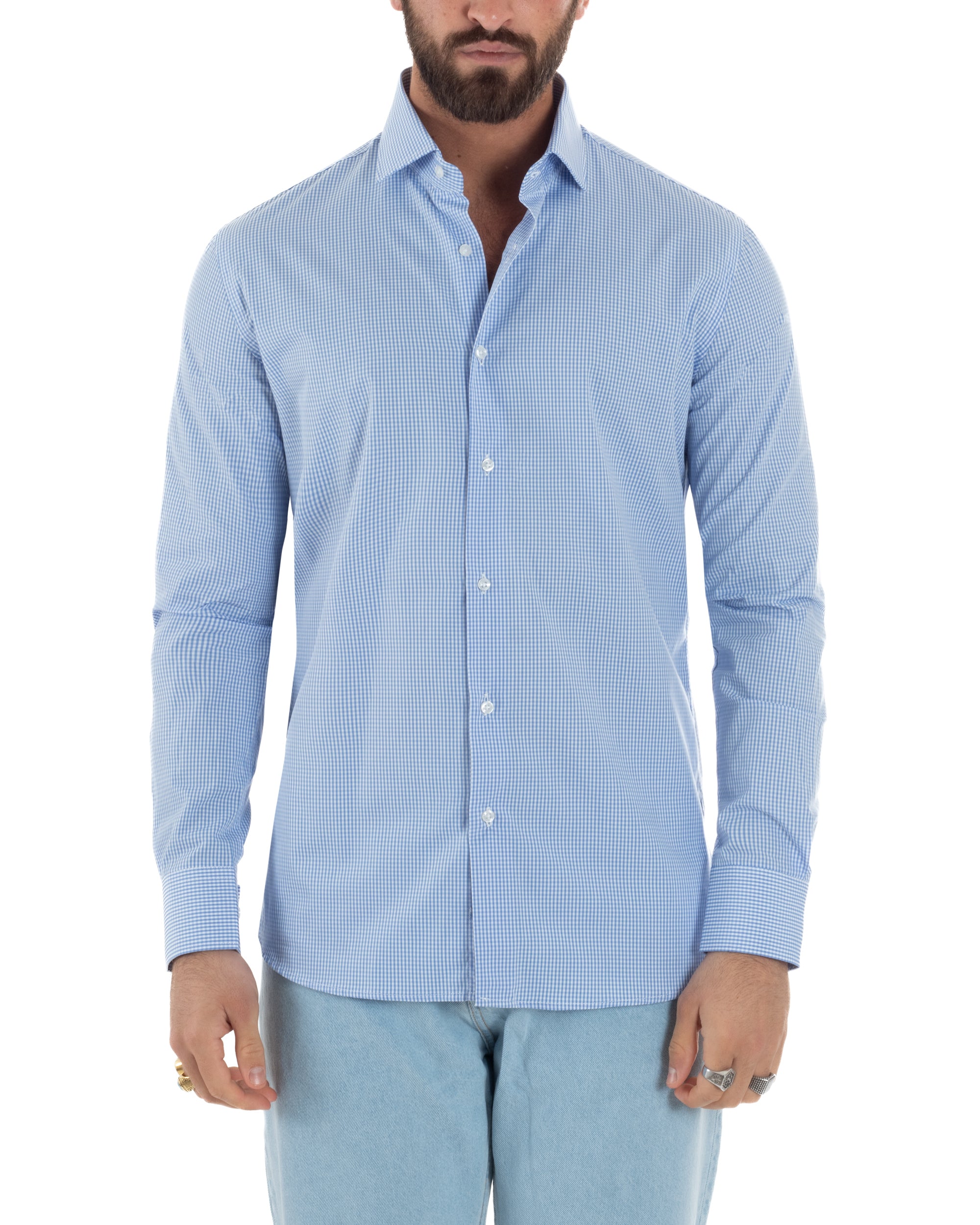 Vista completa camicia quadretti bianco celeste cotone 100% slim fit uomo