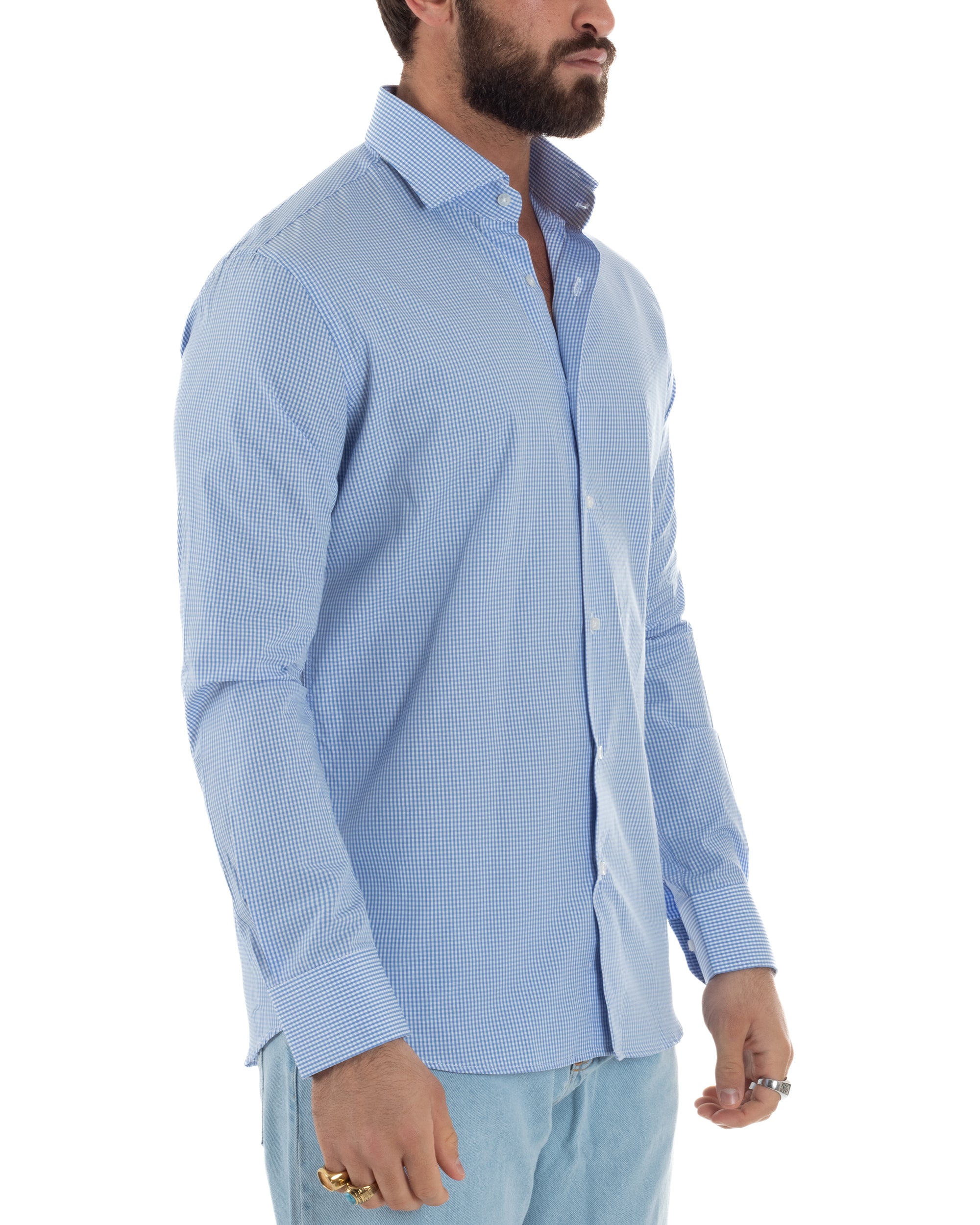 Vista laterale camicia uomo bianco celeste quadretti cotone slim fit