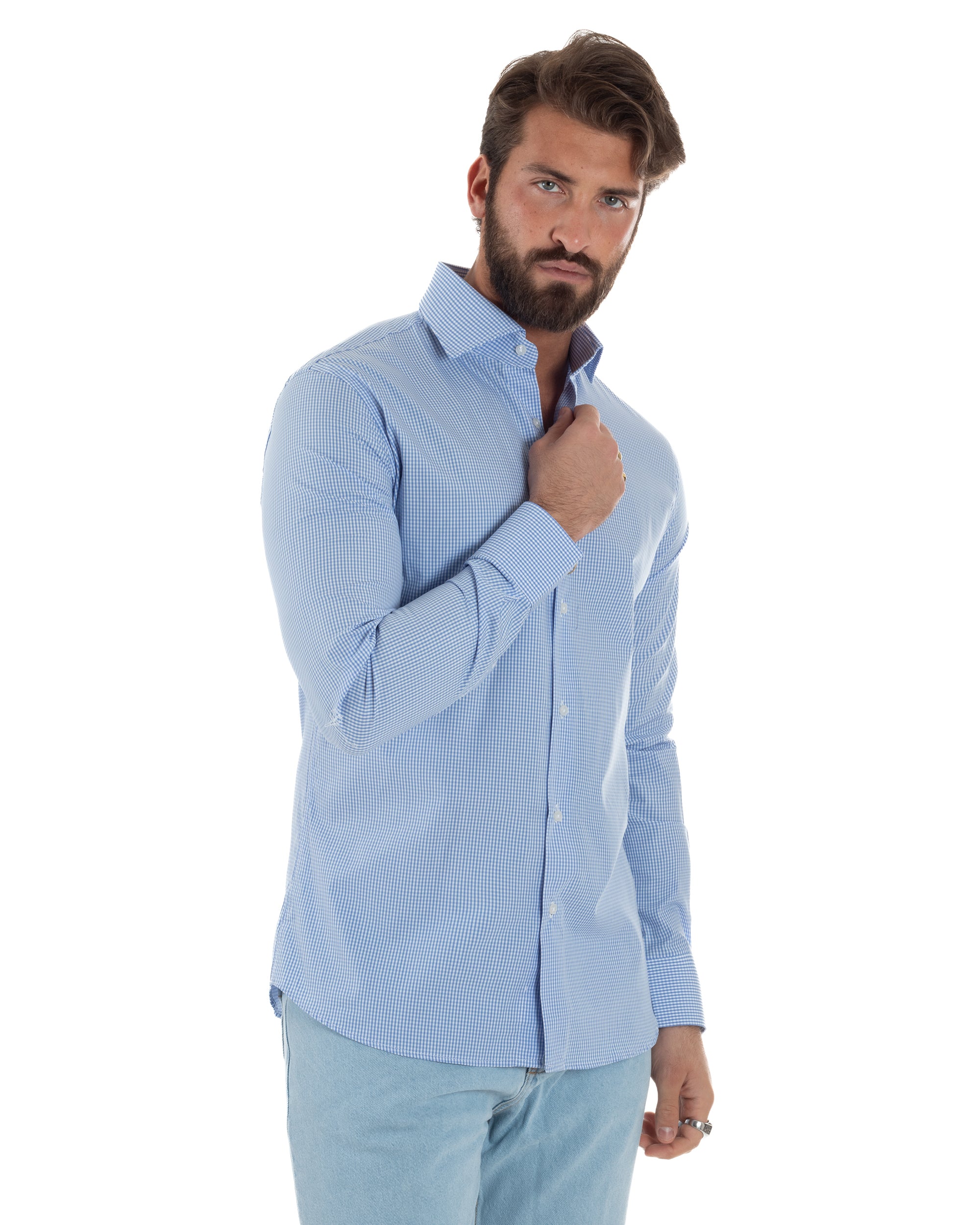 Vista frontale camicia quadretti bianco celeste cotone slim fit maniche lunghe