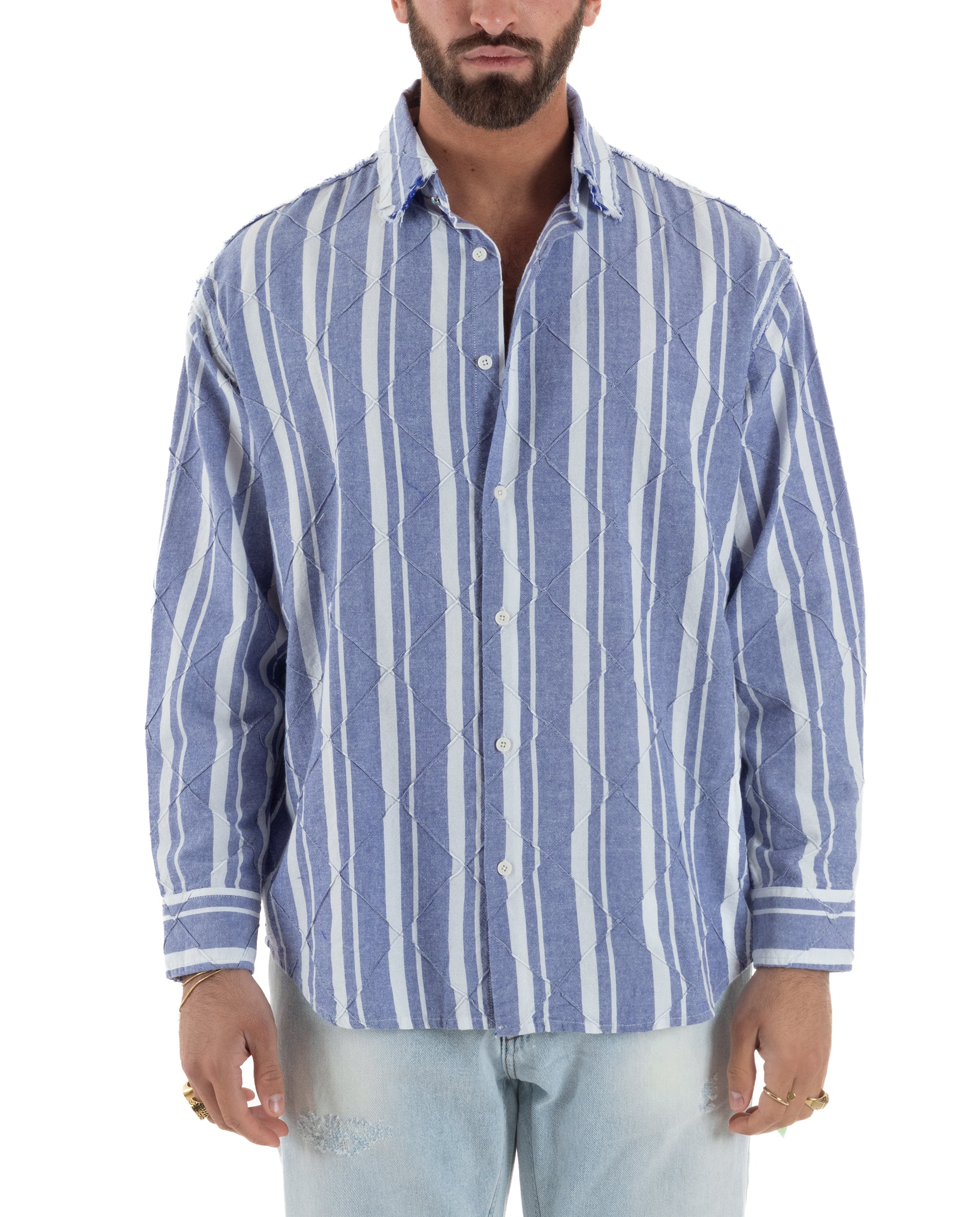 Camicia uomo boxy-fit colletto oxford cuciture losanghe rigata blu BERNA M-261233