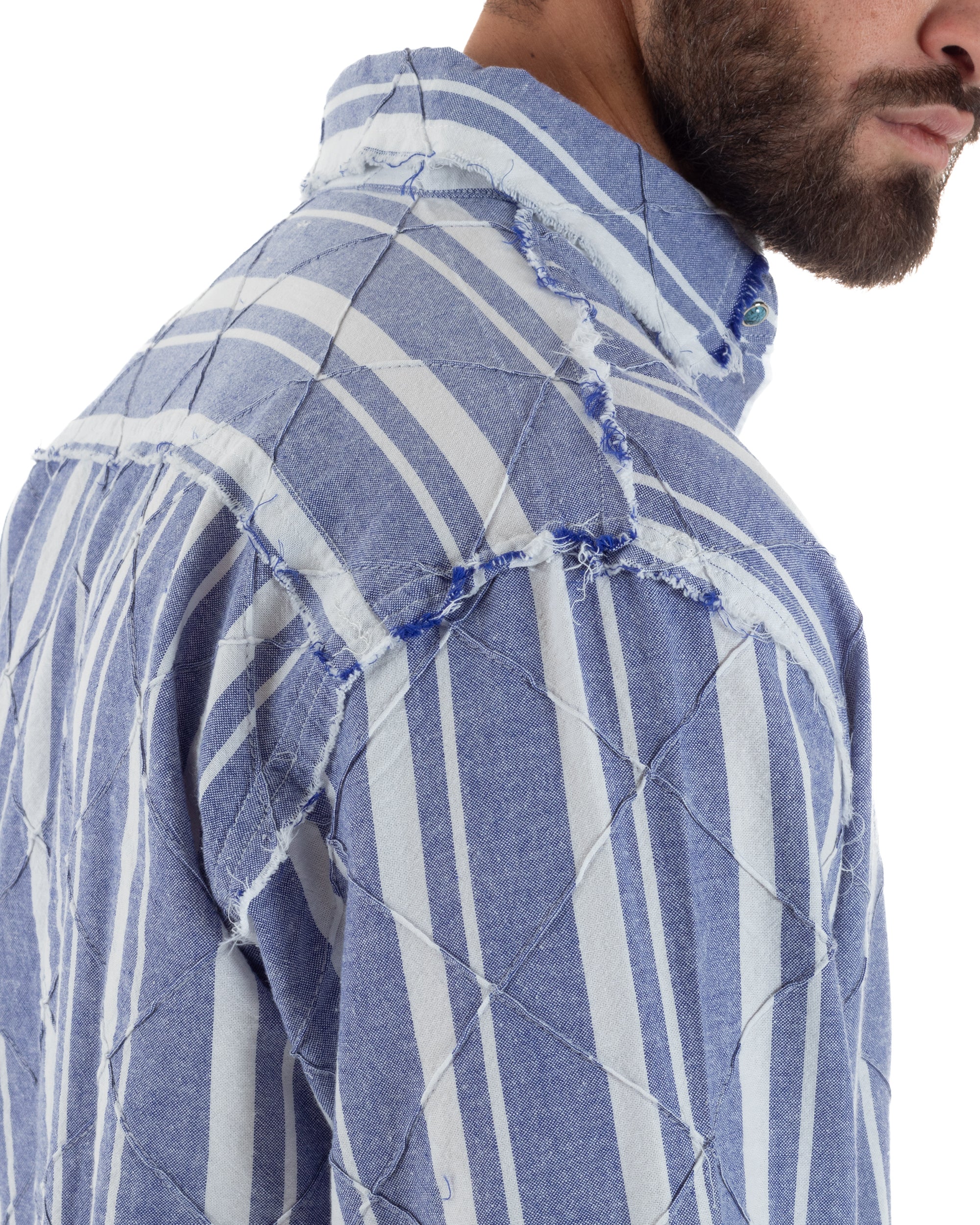 Camicia uomo boxy-fit colletto oxford cuciture losanghe rigata blu BERNA M-261233