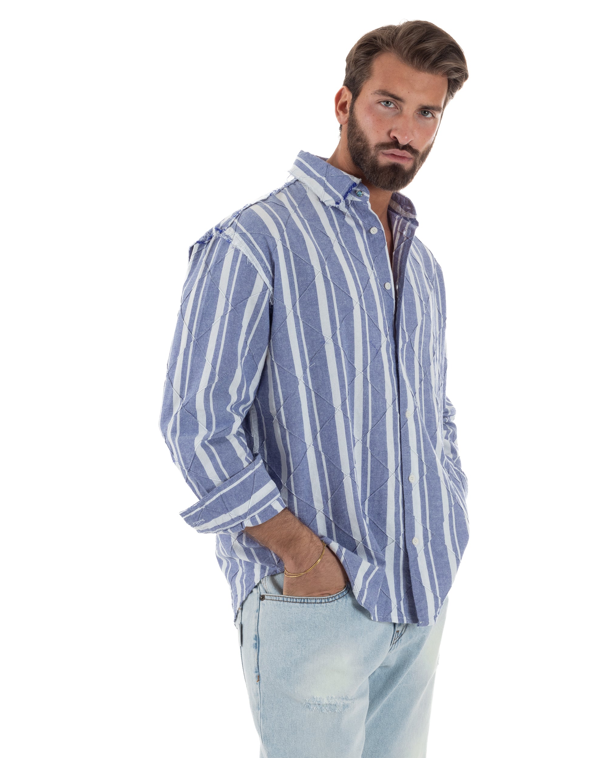 Camicia uomo boxy-fit colletto oxford cuciture losanghe rigata blu BERNA M-261233