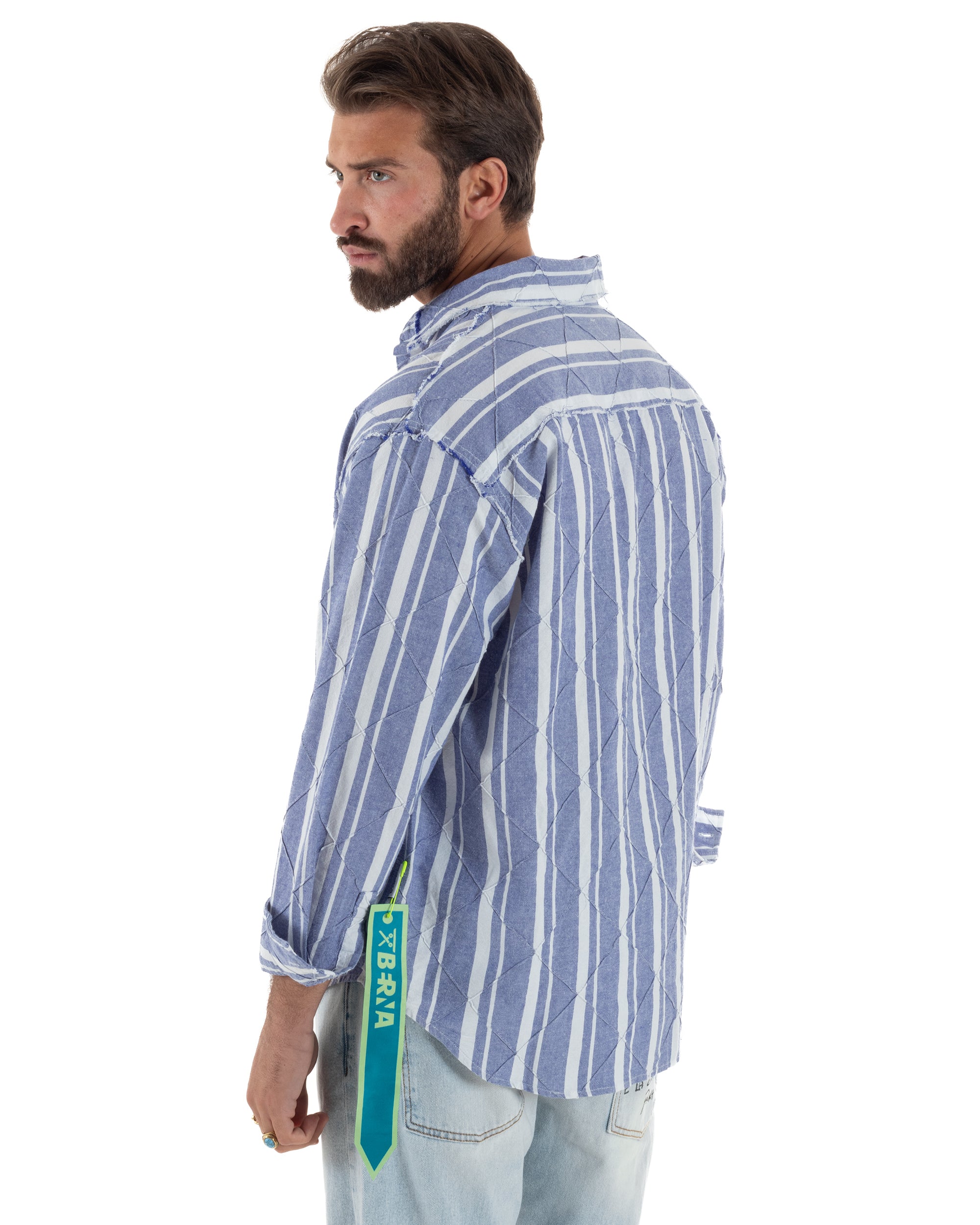 Camicia uomo boxy-fit colletto oxford cuciture losanghe rigata blu BERNA M-261233