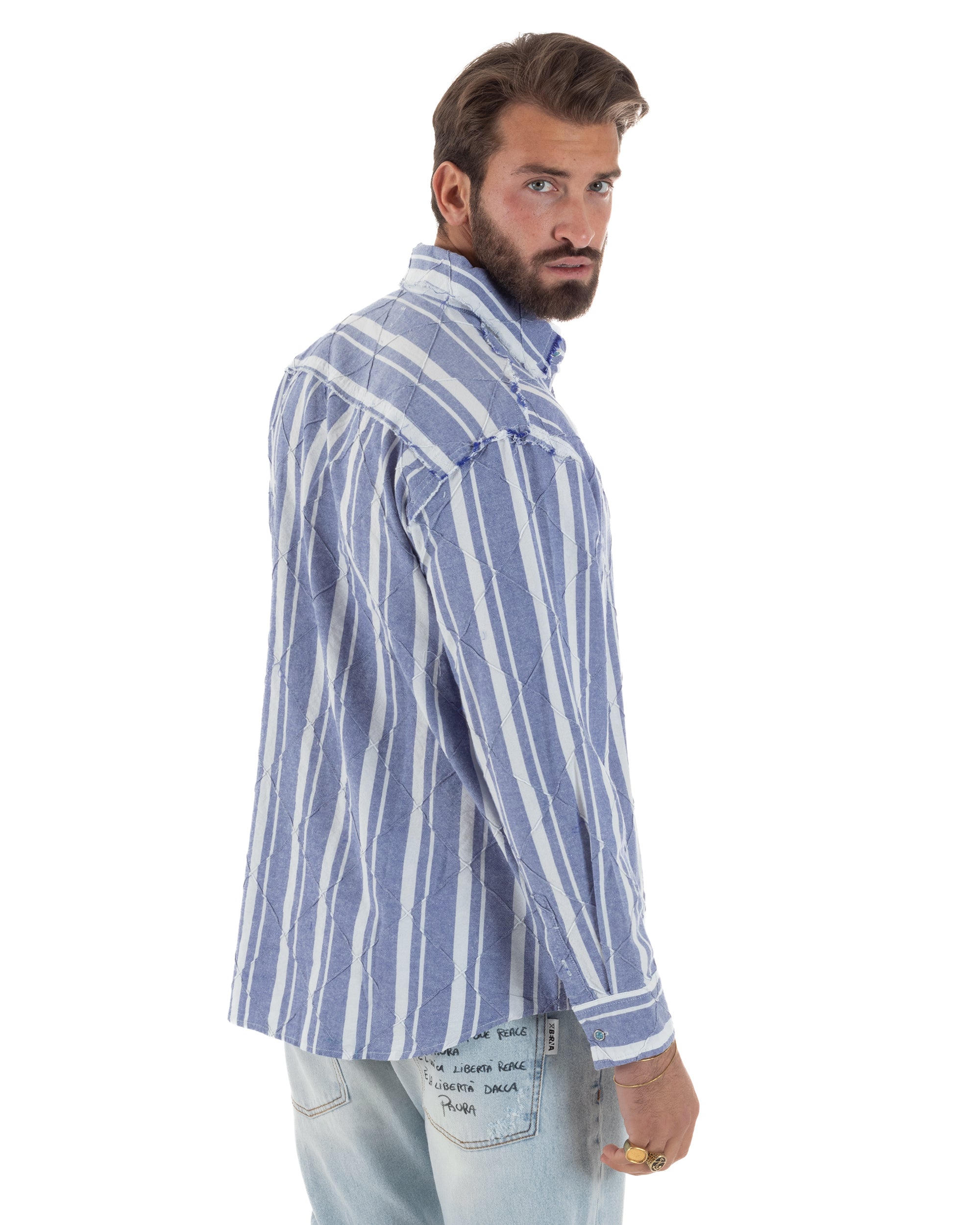 Camicia uomo boxy-fit colletto oxford cuciture losanghe rigata blu BERNA M-261233