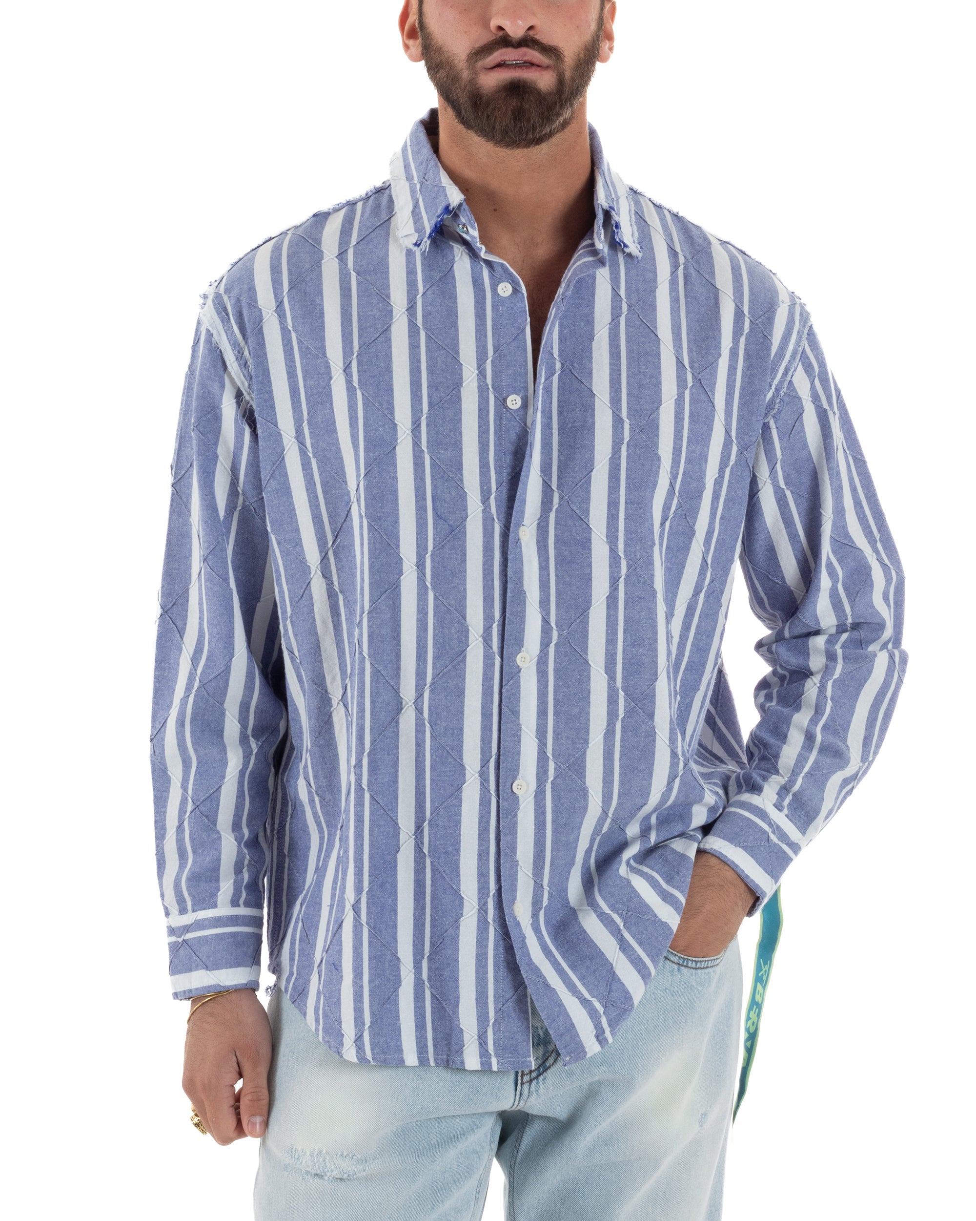 Camicia uomo boxy-fit colletto oxford cuciture losanghe rigata blu BERNA M-261233