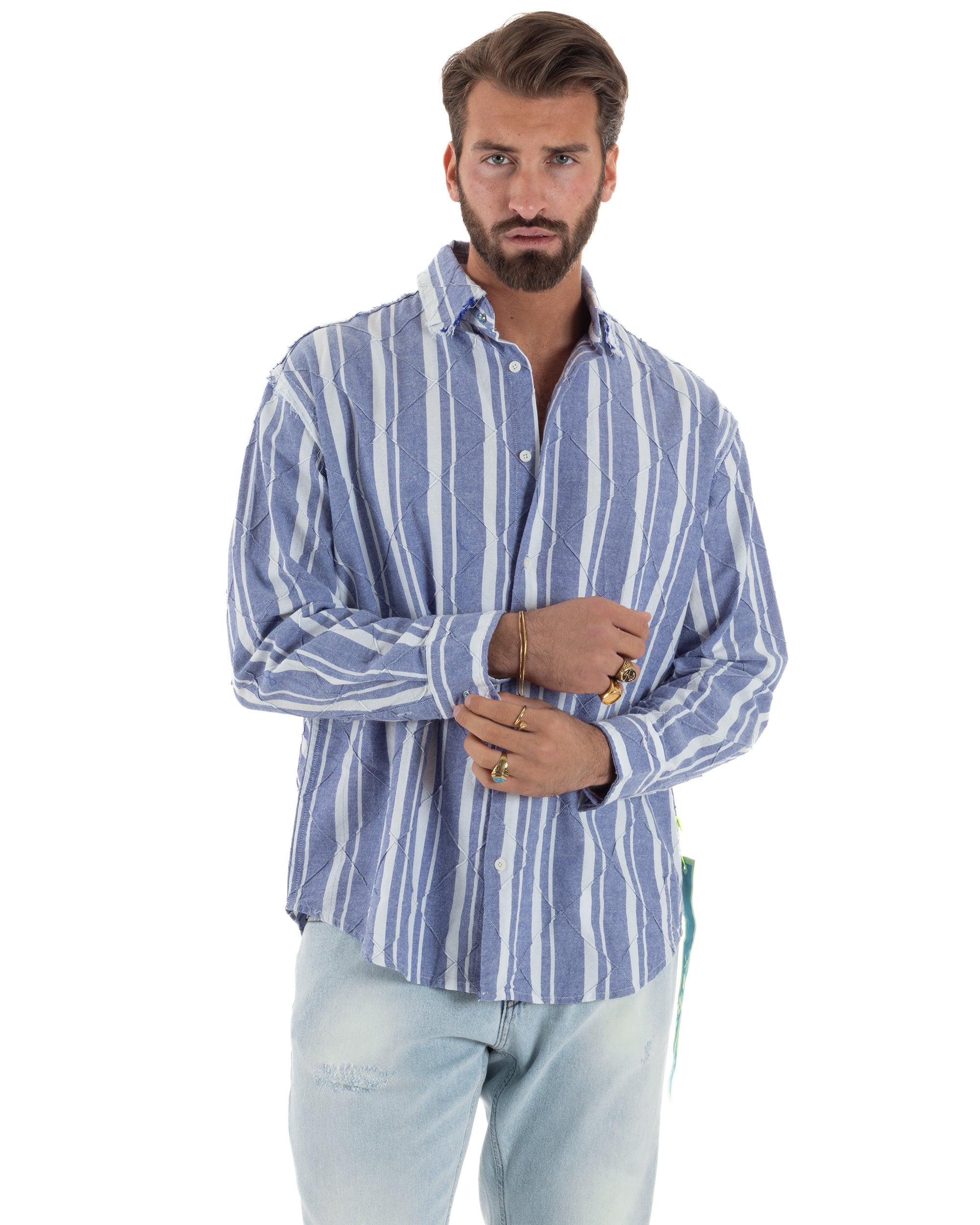 Camicia uomo boxy-fit colletto oxford cuciture losanghe rigata blu BERNA M-261233
