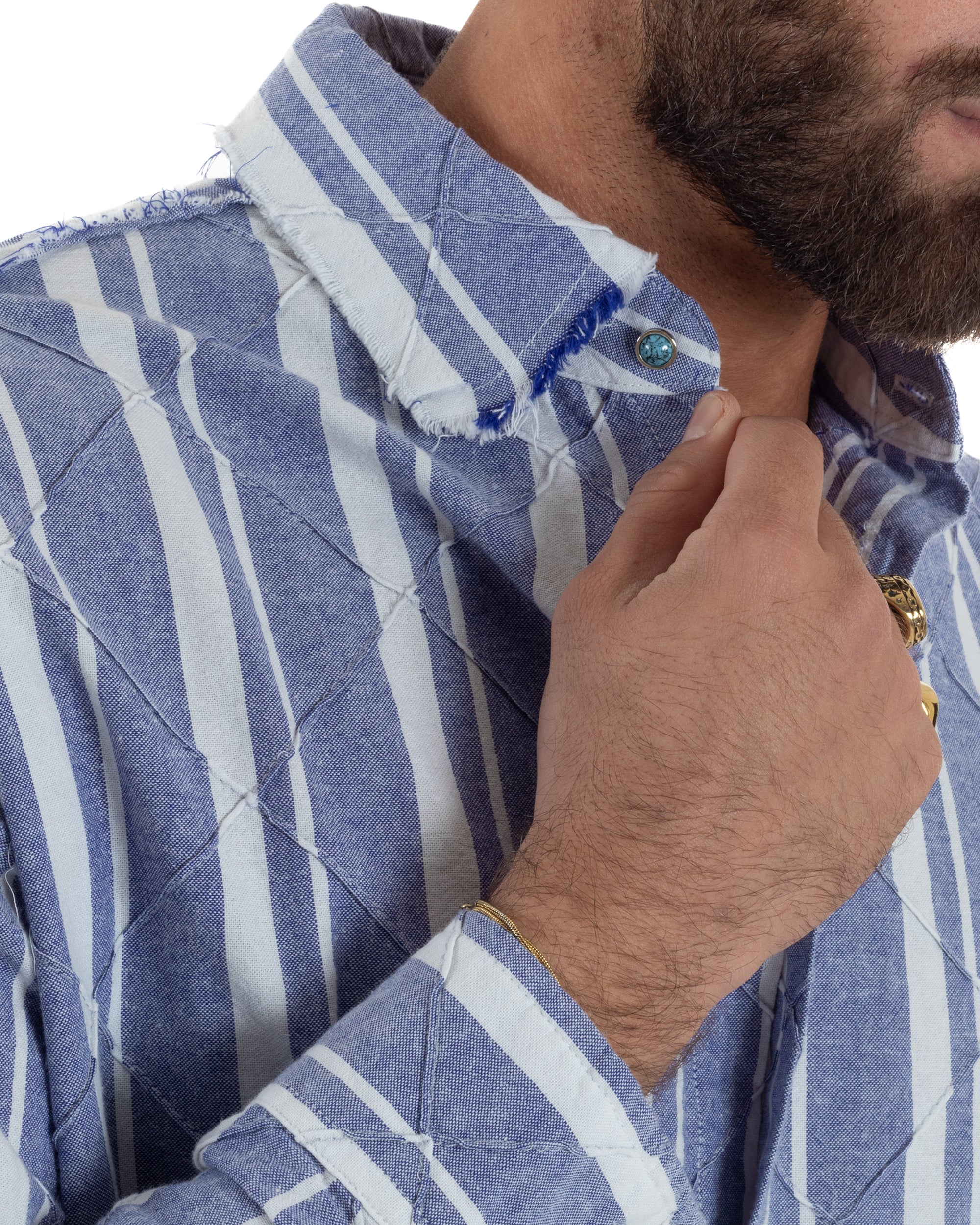 Camicia uomo boxy-fit colletto oxford cuciture losanghe rigata blu BERNA M-261233