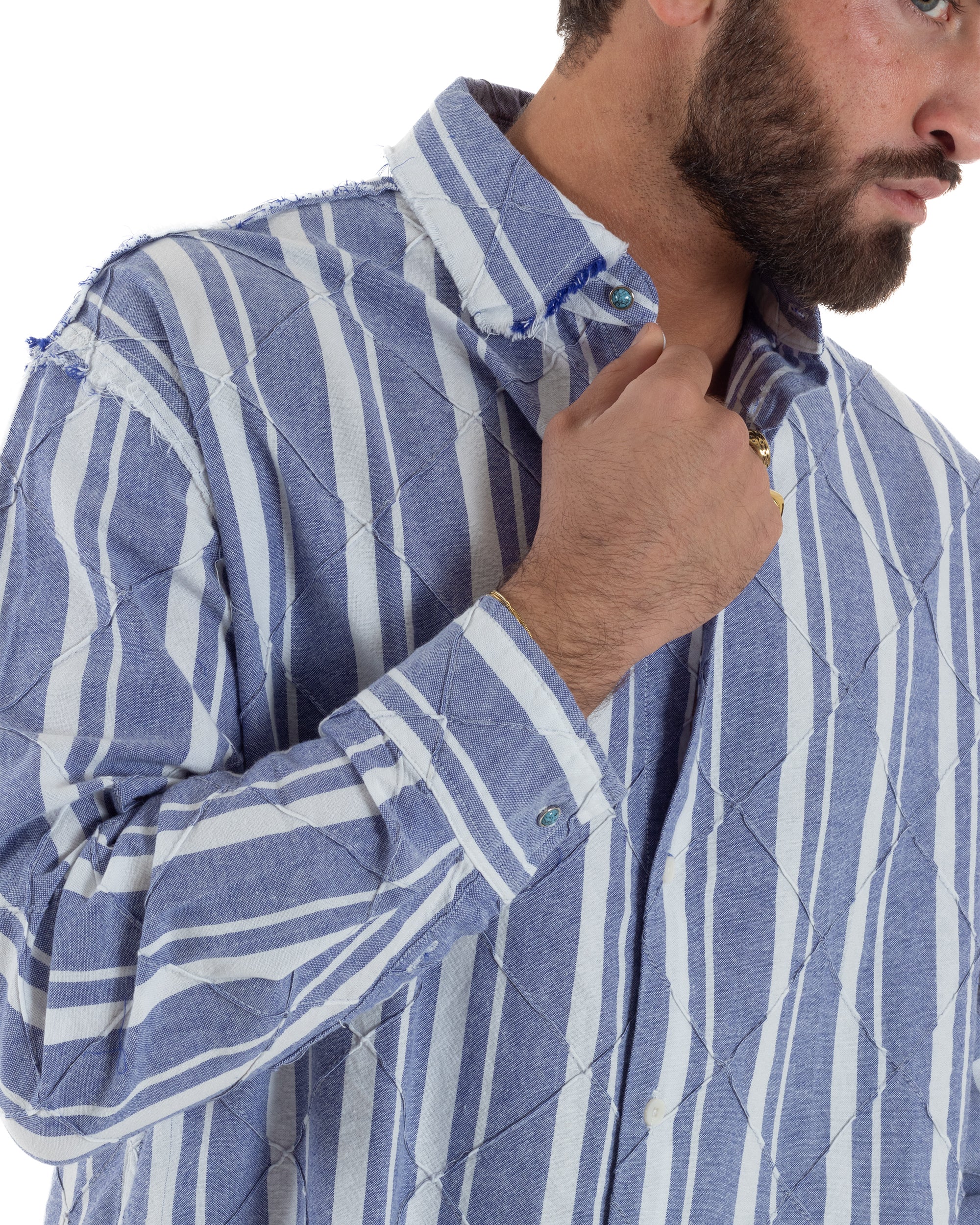 Camicia uomo boxy-fit colletto oxford cuciture losanghe rigata blu BERNA M-261233