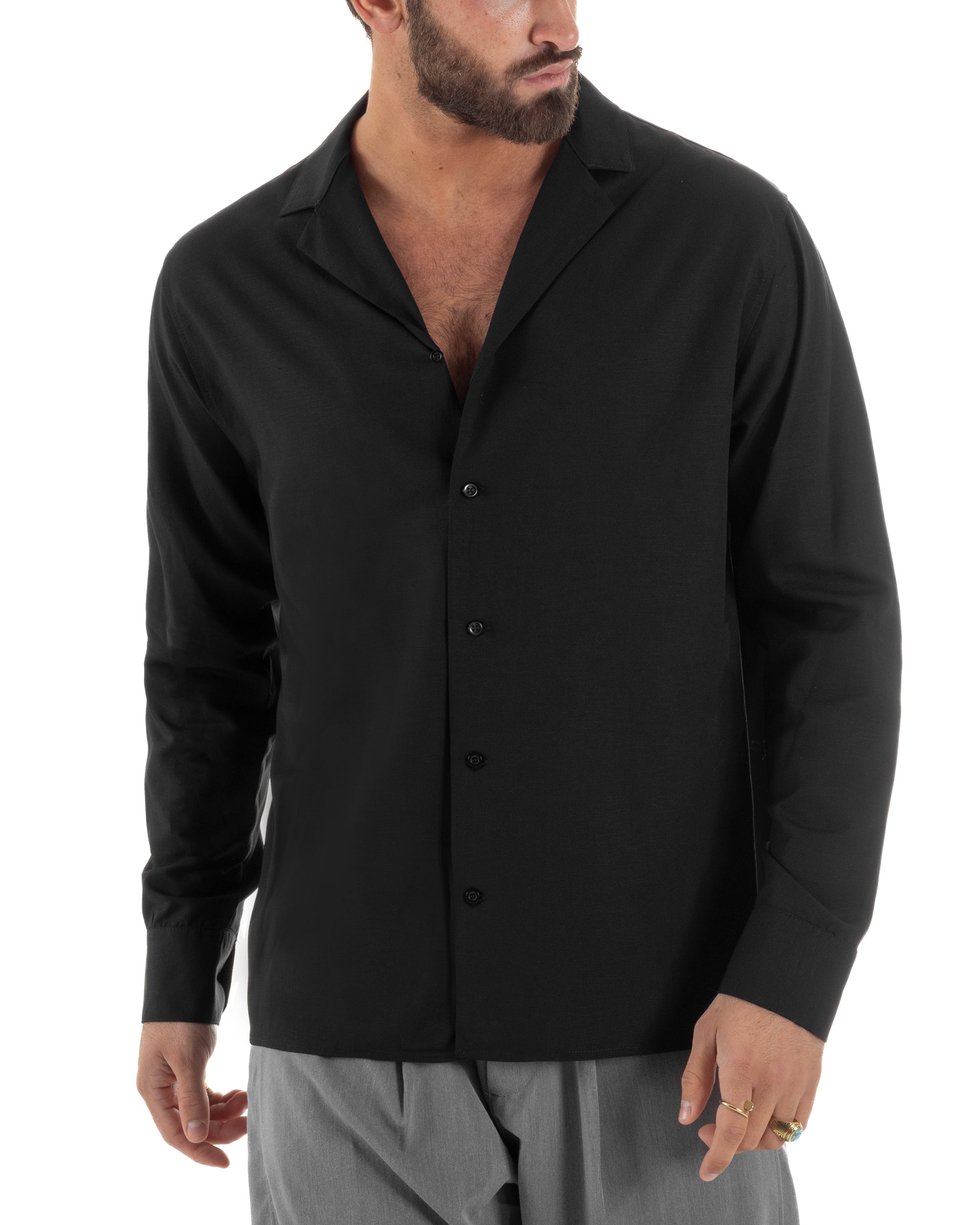 Camicia oversize nera uomo colletto a rever chiusura bottoni relaxed casual chic