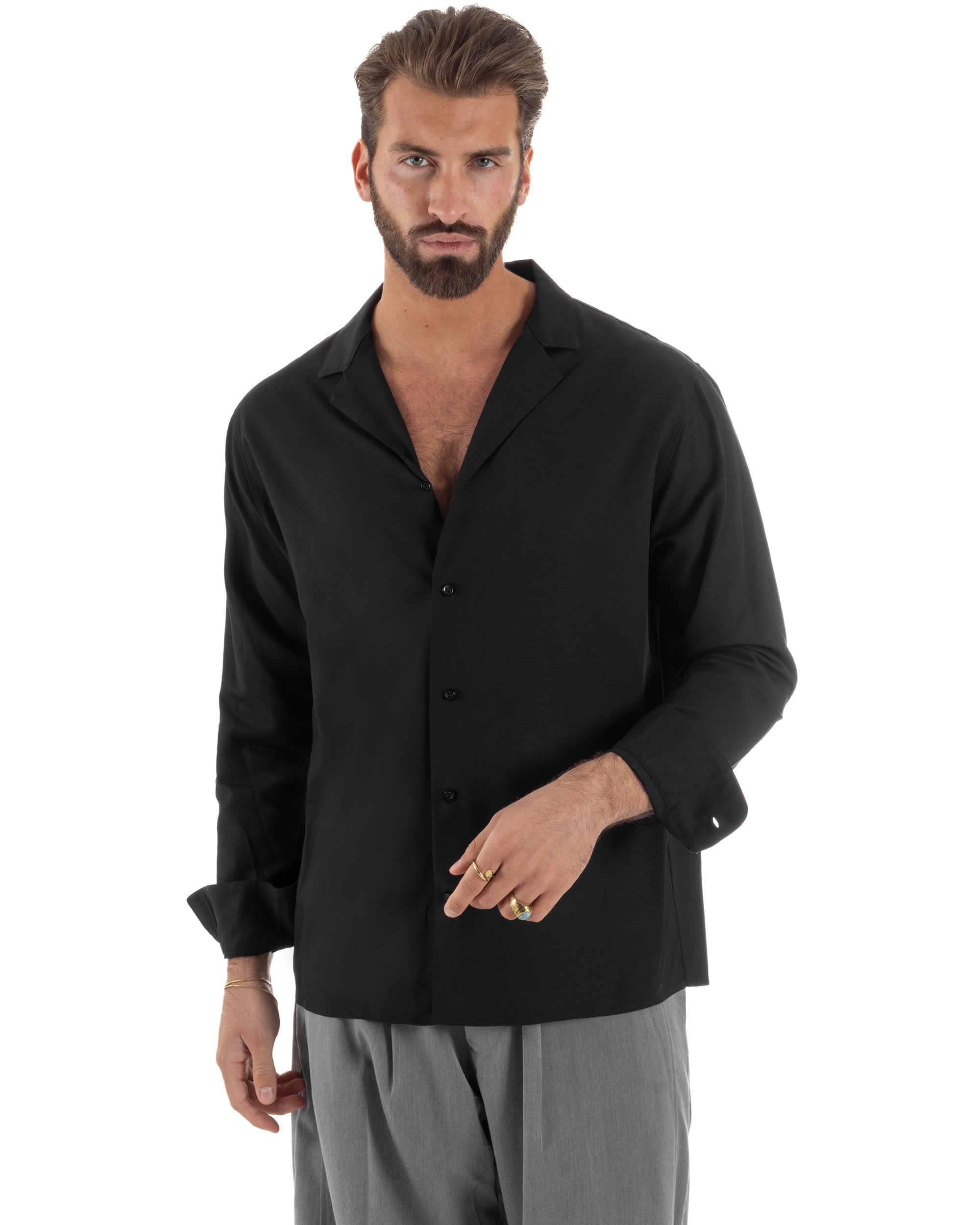Camicia uomo oversize lino collo bowling relaxed fit scollo v nero BERNA M-261223