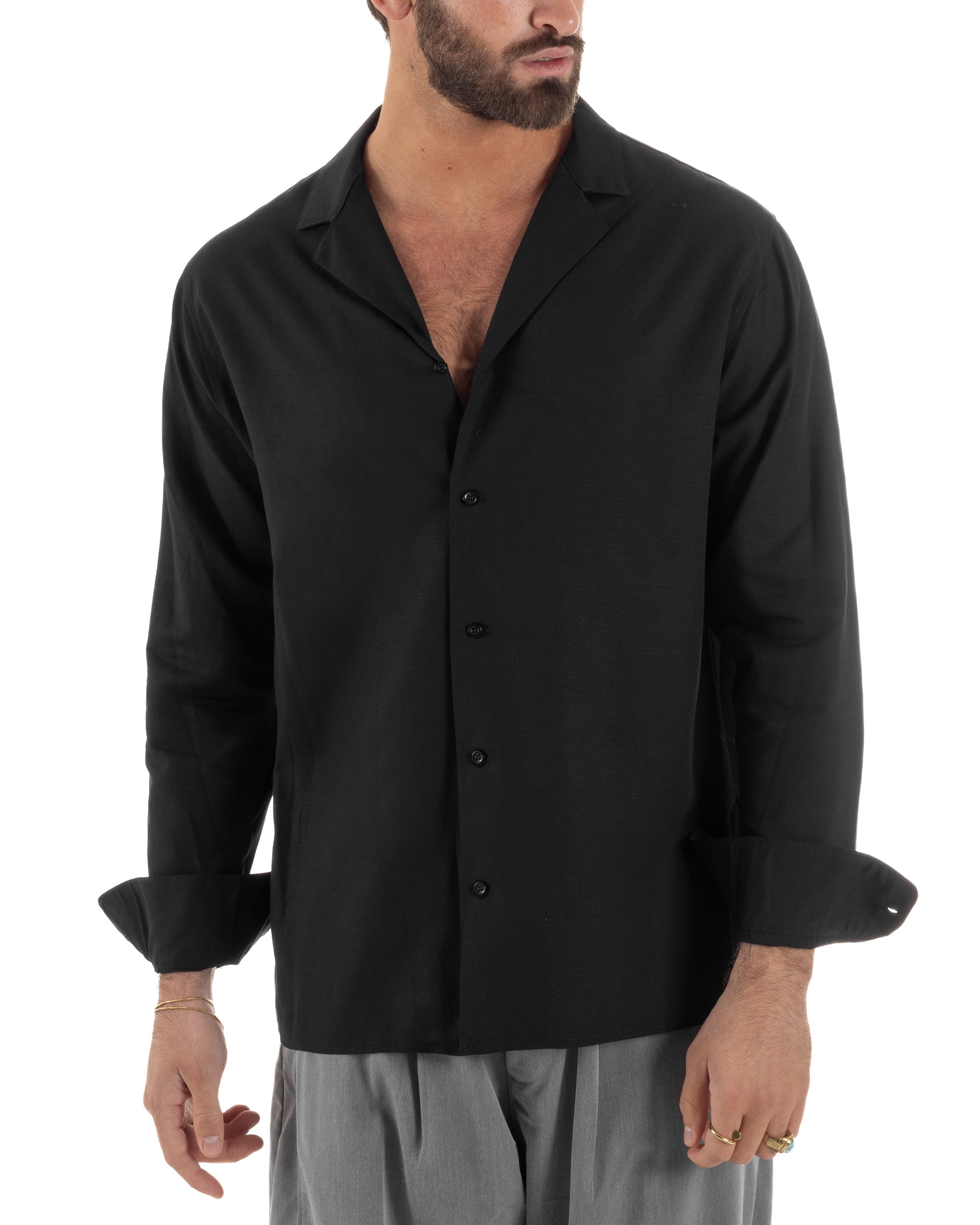 Camicia uomo oversize lino collo bowling relaxed fit scollo v nero BERNA M-261223
